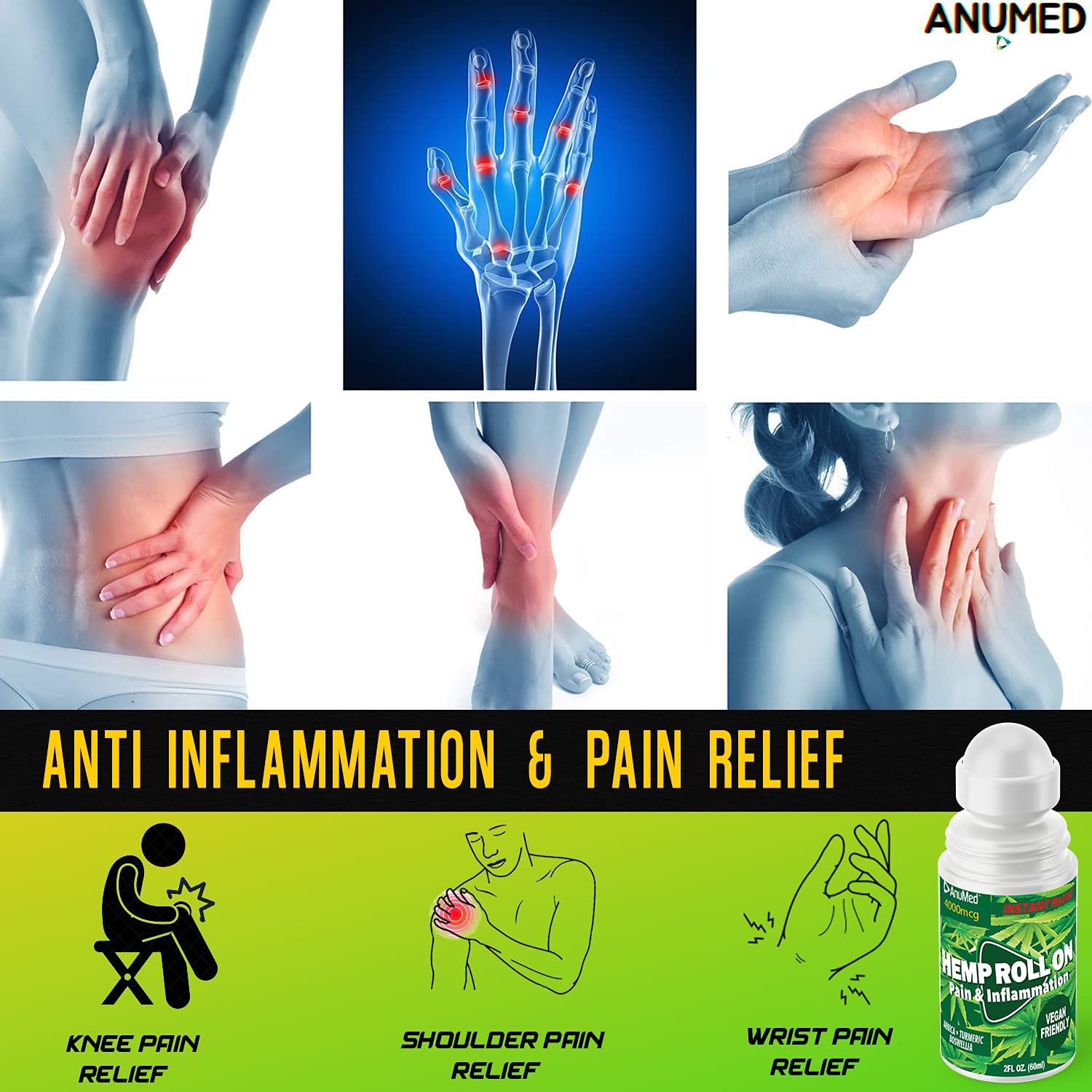 ANUMED Hemp Roll-On 4000mg Pain Relief. Fast Acting, Long Lasting, Maximum Strength with Arnica + Turmeric for Anti-Inflammatory, Natural Recovery, Joint, Muscle, Nerve Pain Reliever 2 Packs of (1oz) AnuMed International uk supplements