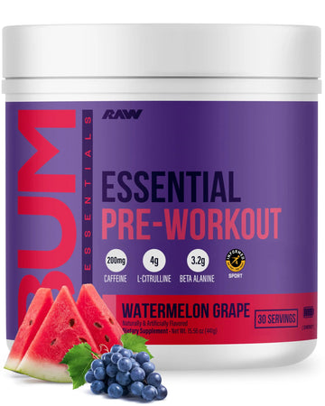 RAW Essential Pre-Workout Powder (Watermelon Grape) - Chris Bumstead Sports Nutrition Supplement for Men & Women - Preworkout Energy Powder with Caffeine, L-Citrulline, RAW uk supplements