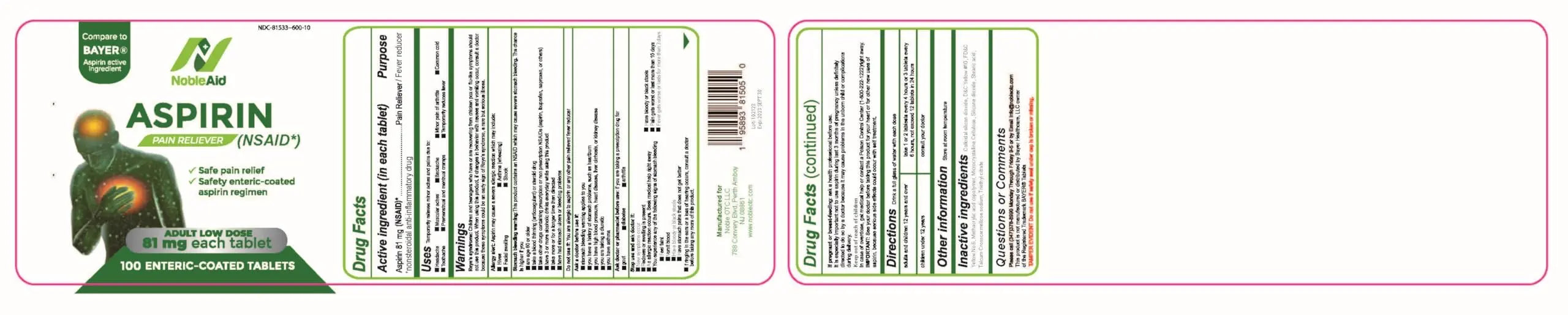 Pure Low Dose Baby Aspirin 81mg for Adults, 100 Count Enteric Coated Aspirin Tablets for Men and Women, Safe Relief for Symtoms Associated with Headache, Arthritis, Cramps NobleAid uk supplements