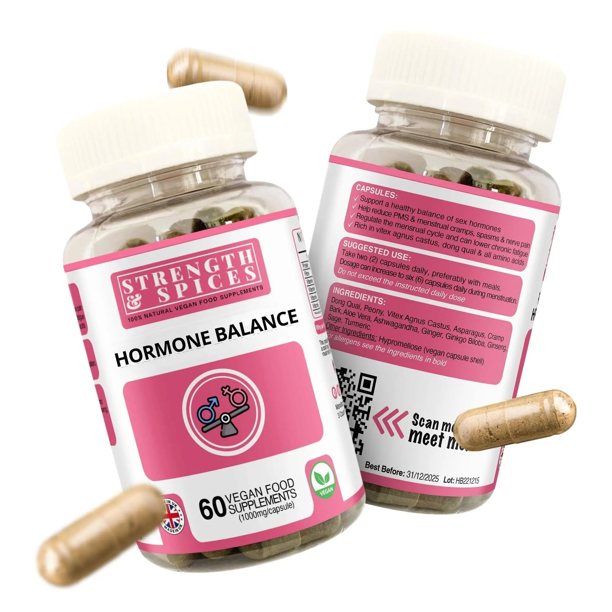 Strength & Spices Hormone Balance 100% Natural Estrogen Supplement – 12 Ingredients w Dong Quai - 60 Vegan UK Made 1000mg Capsules – Fertility and Menstrual Comfort STRENGTH & SPICES100% Natural Vegan Food Supplements uk supplements