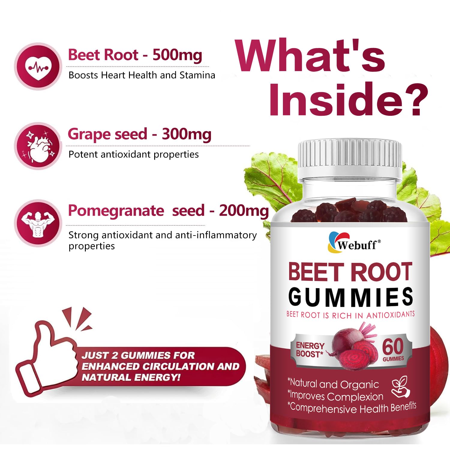 Webuff Beet Root Gummies - Nitric Oxide Booster with Organic Beet, Pomegranate & Grape Seed, Vitamin B12 - Energy, Circulation & Heart Health Support, Vegan, Non-GMO, 60 Count (Pack of 1) Webuff uk supplements