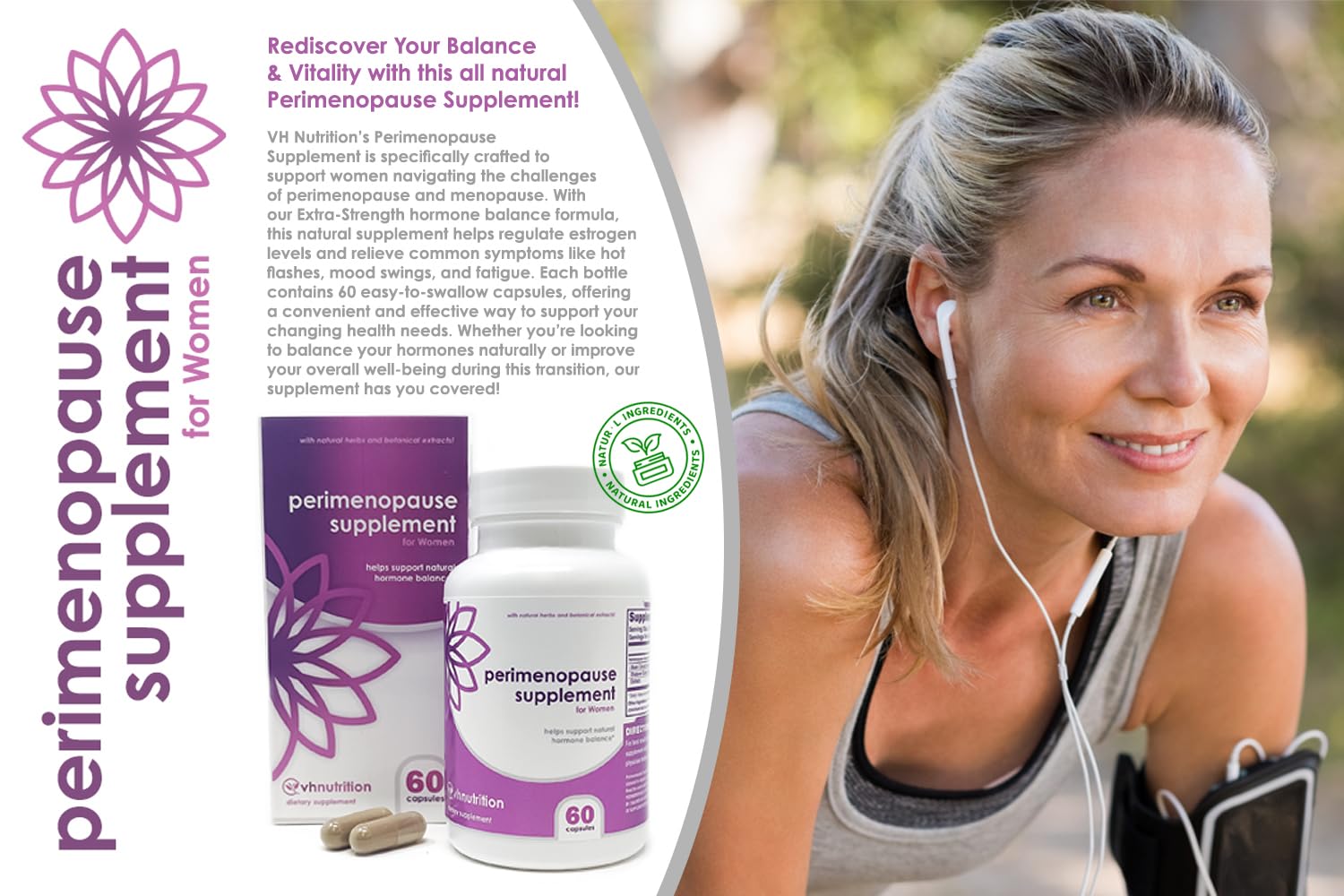 VH Nutrition Perimenopause Supplement for Women | Hot Flash, Mood, and Menstruation Cycle Support | 100% Herbal Formula: Black Cohosh, Vitex, & Shatavari. No Additives, or Fillers VH Nutrition uk supplements