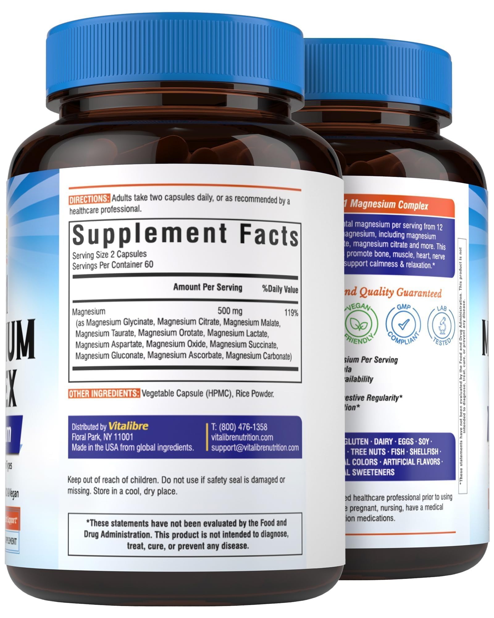 Vitalibre 12 in 1 Magnesium Complex Supplement 500mg | Max Absorption Chelated Magnesium Glycinate Citrate Malate & More for Bone, Nerve & Digestive Support | Non-GMO Vegan Capsules (120 Count) Vitalibre uk supplements