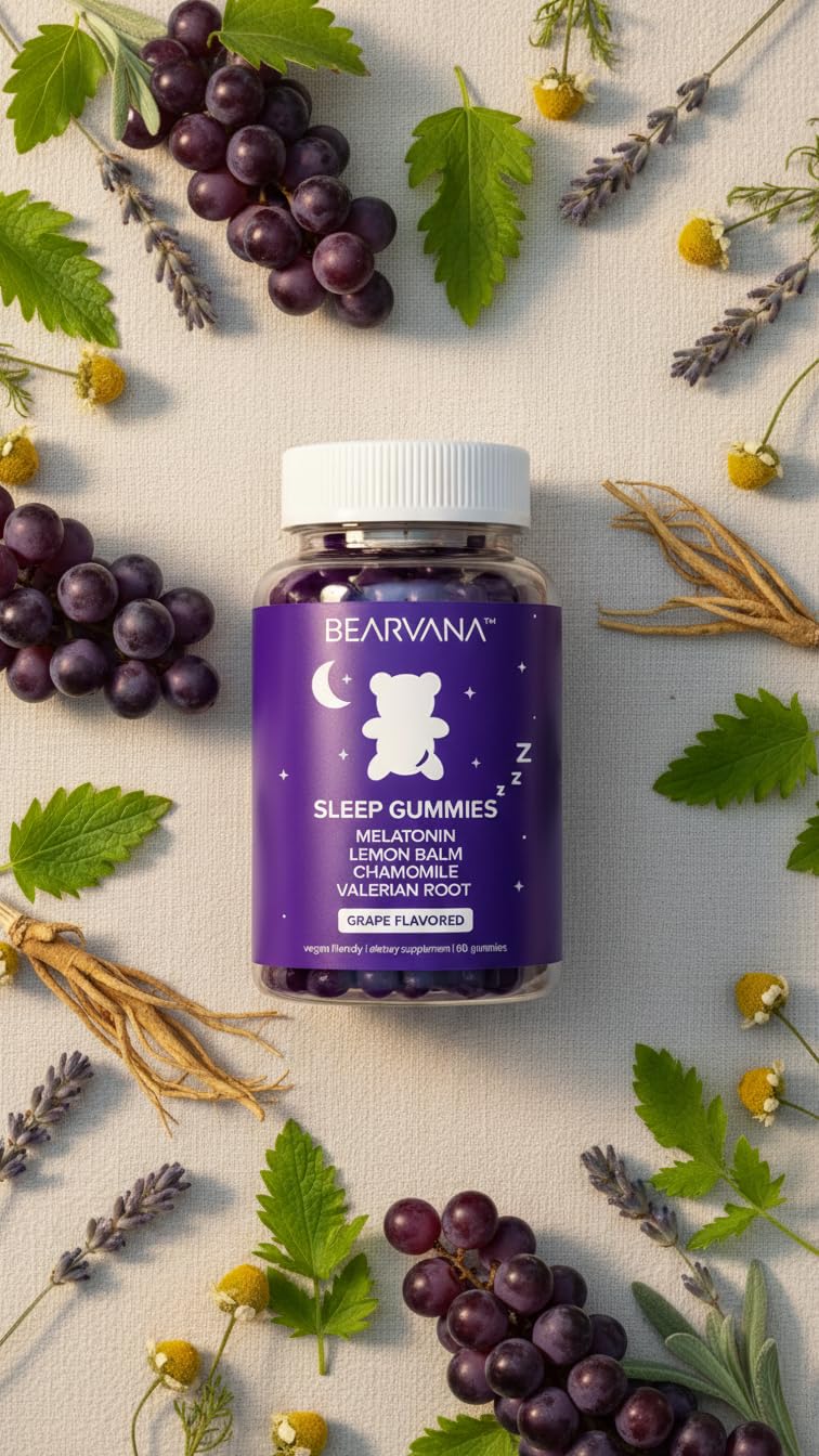 BEARVANA Sleep Gummies with Melatonin | Grape Flavored Vegan Sleep Supplement with Lemon Balm, Chamomile & Valerian Root | Night time Relaxation & Rest Support | 60 Gummies BEARVANA uk supplements