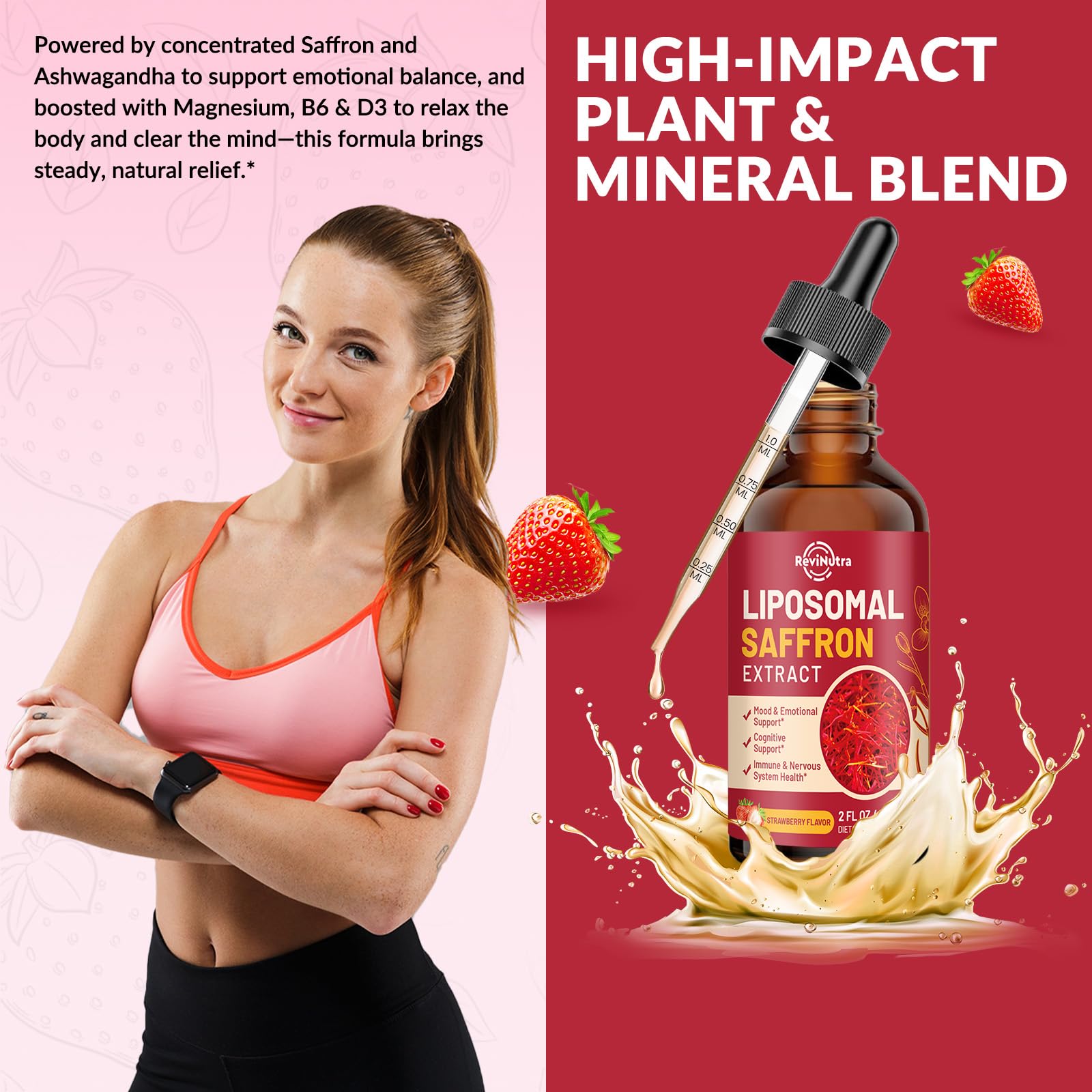 Saffron Supplements - 88.5mg Saffron Extract Liposomal Liquid Drops with Magnesium, Zinc, Ashwagandha, L-Theanine, Vitamin B6, D3 for Antioxidant Mood Energy Vision & Focus, Strawberry Flavor 2 Fl Oz ReviNutra uk supplements