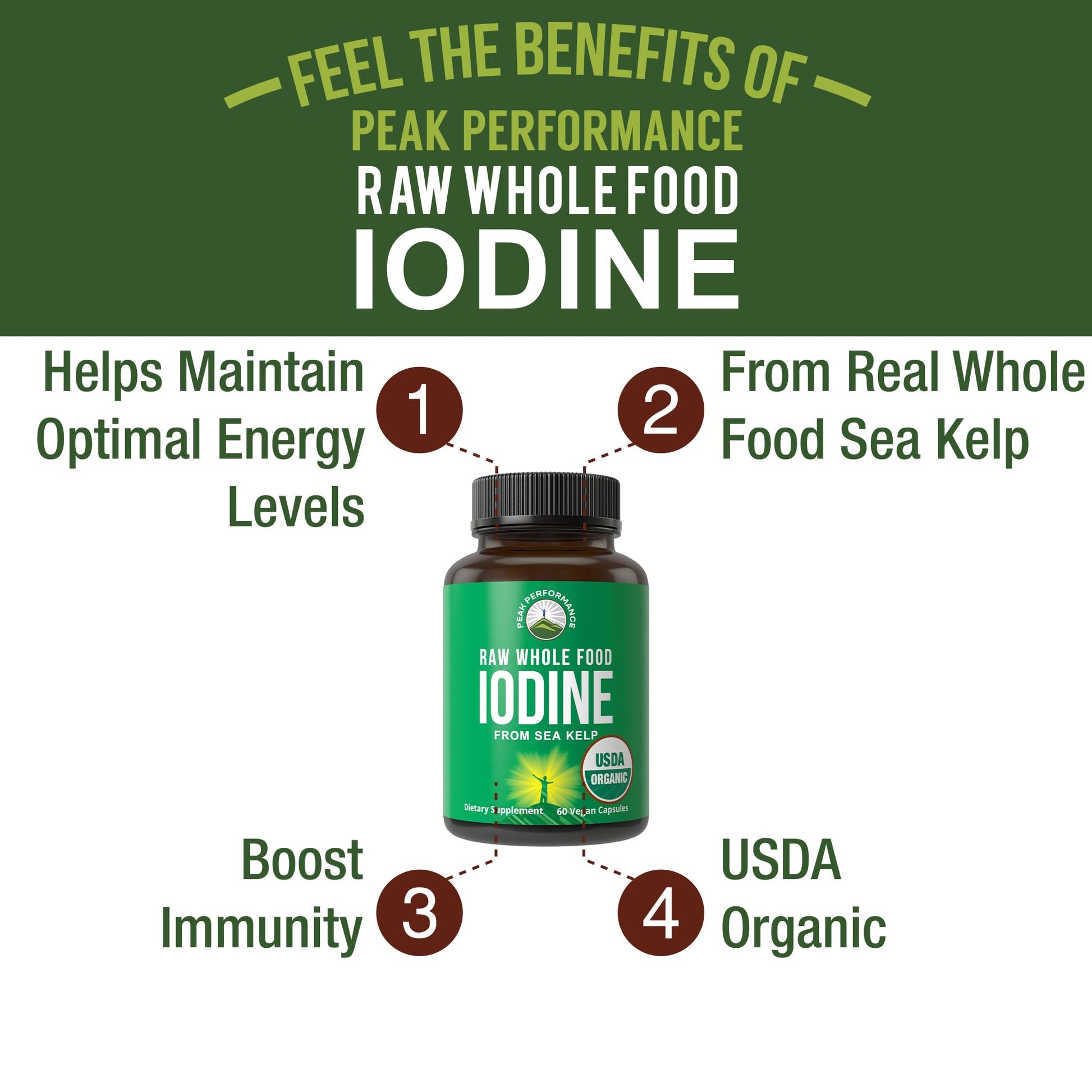 USDA Organic Raw Whole Food Iodine Supplement from Kelp (Ascophyllum Nodosum) - Potassium Iodide Tablets Alternative - for Thyroid, Energy, and Immune Support - 60 Vegan Capsules by Peak Performance Peak Performance uk supplements