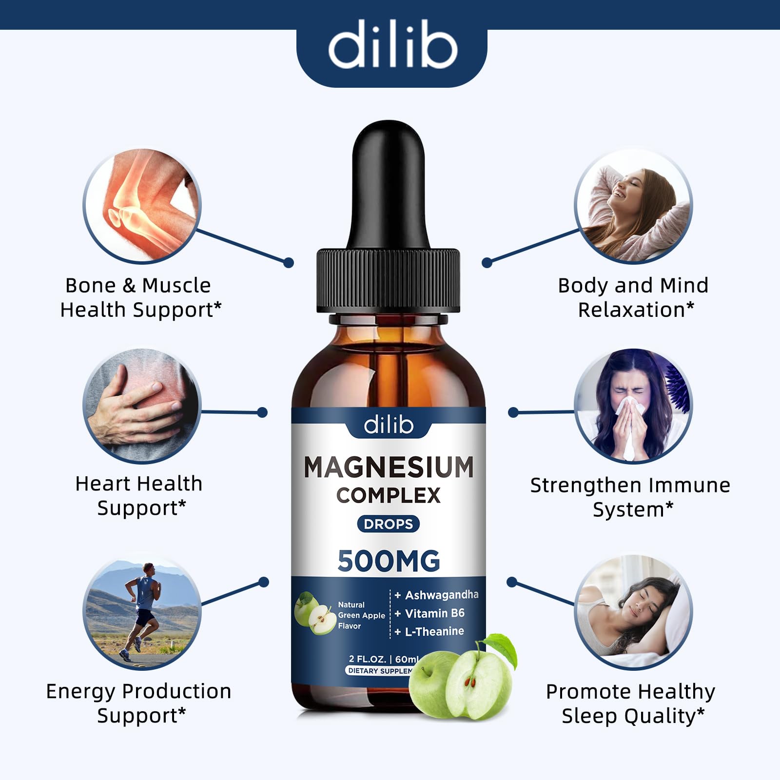 Triple Magnesium Complex Supplement-Magnesium Glycinate, Citrate, Malate Liquid Drops 500mg with Ashwagandha, L-Theanine, B6 for Calm, Stress Relief, Sleep, Muscle Support-Green Apple Flavor dilib uk supplements