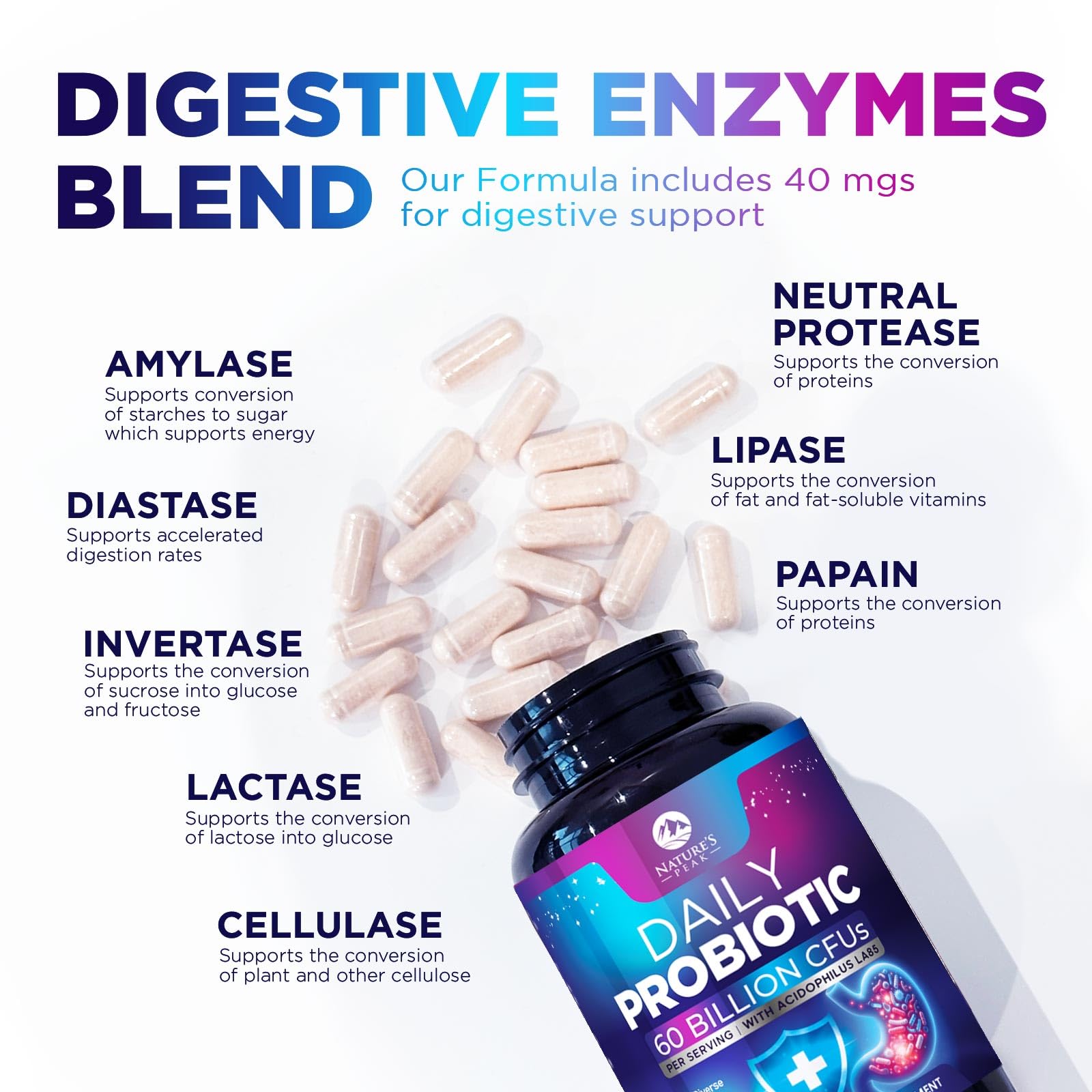 Probiotics 60 Billion CFU - 10 Strains + Digestive Enzymes & Prebiotics - Best Probiotic for Women & Men, Supports Immune, Gut Health, Occasional Constipation, Diarrhea, Gas & Bloating - 60 Capsules Nature's Peak uk supplements