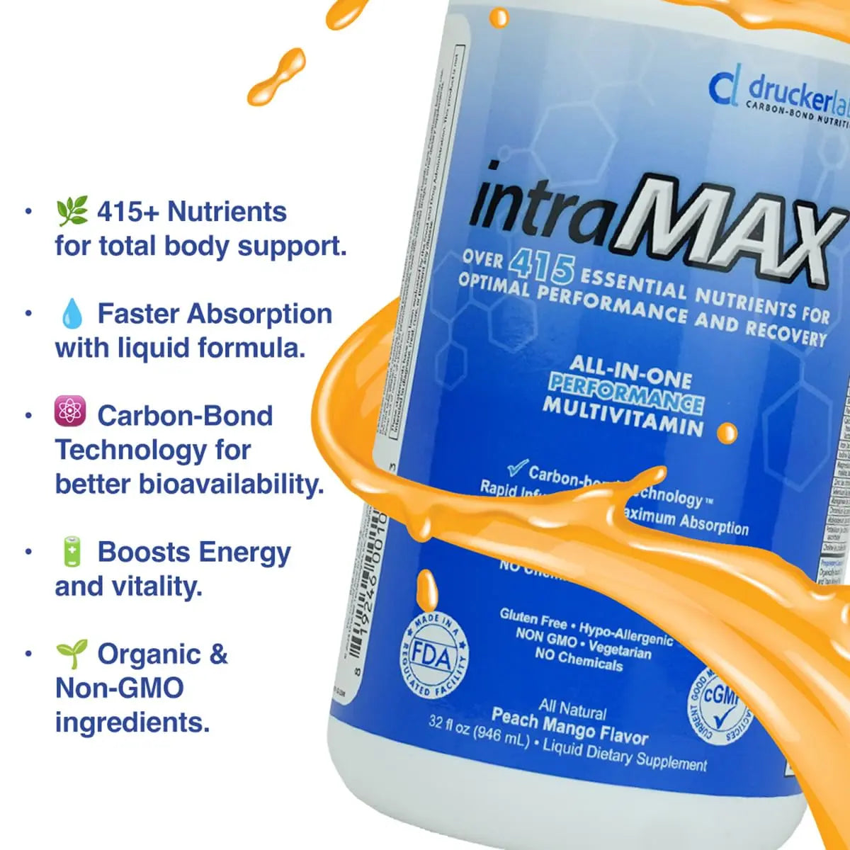 Drucker Labs - intraMAX Organic Liquid Multivitamin, Non GMO, Dairy Free, Gluten Free, Magnesium, Vitamin D, C and E, Zinc (32 oz., Peach Mango) Drucker Labs uk supplements