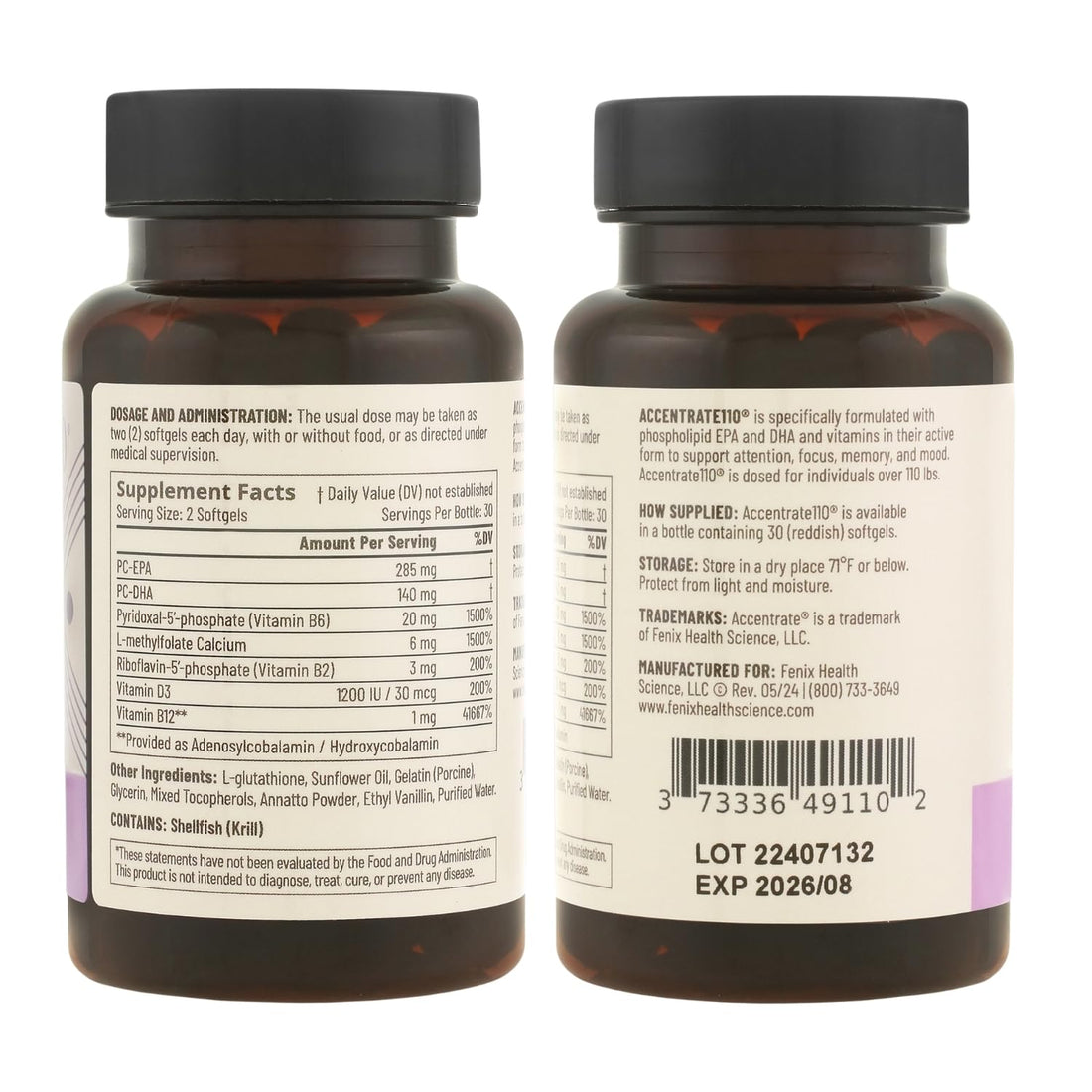 Accentrate110 - Focus Supplement - Methylated Vitamin B Complex with Omega 3 Fatty Acid Supplement - L-Methylfolate, Vitamin B12, P-5-P, Riboflavin, VIT D, – 60 Softgels (1 Month Supply) Accentrate uk supplements