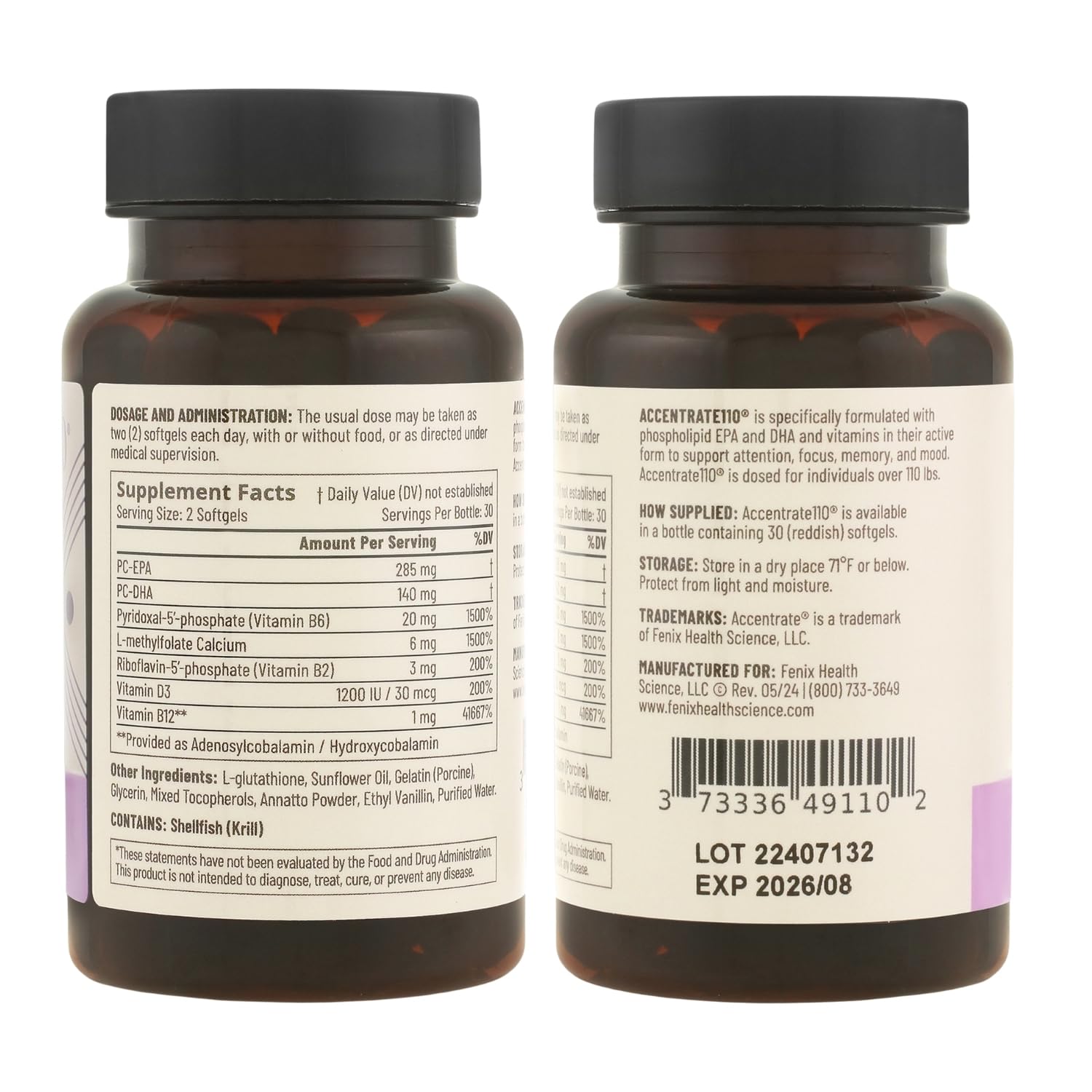 Accentrate110 - Focus Supplement - Methylated Vitamin B Complex with Omega 3 Fatty Acid Supplement - L-Methylfolate, Vitamin B12, P-5-P, Riboflavin, VIT D, – 60 Softgels (1 Month Supply) Accentrate uk supplements