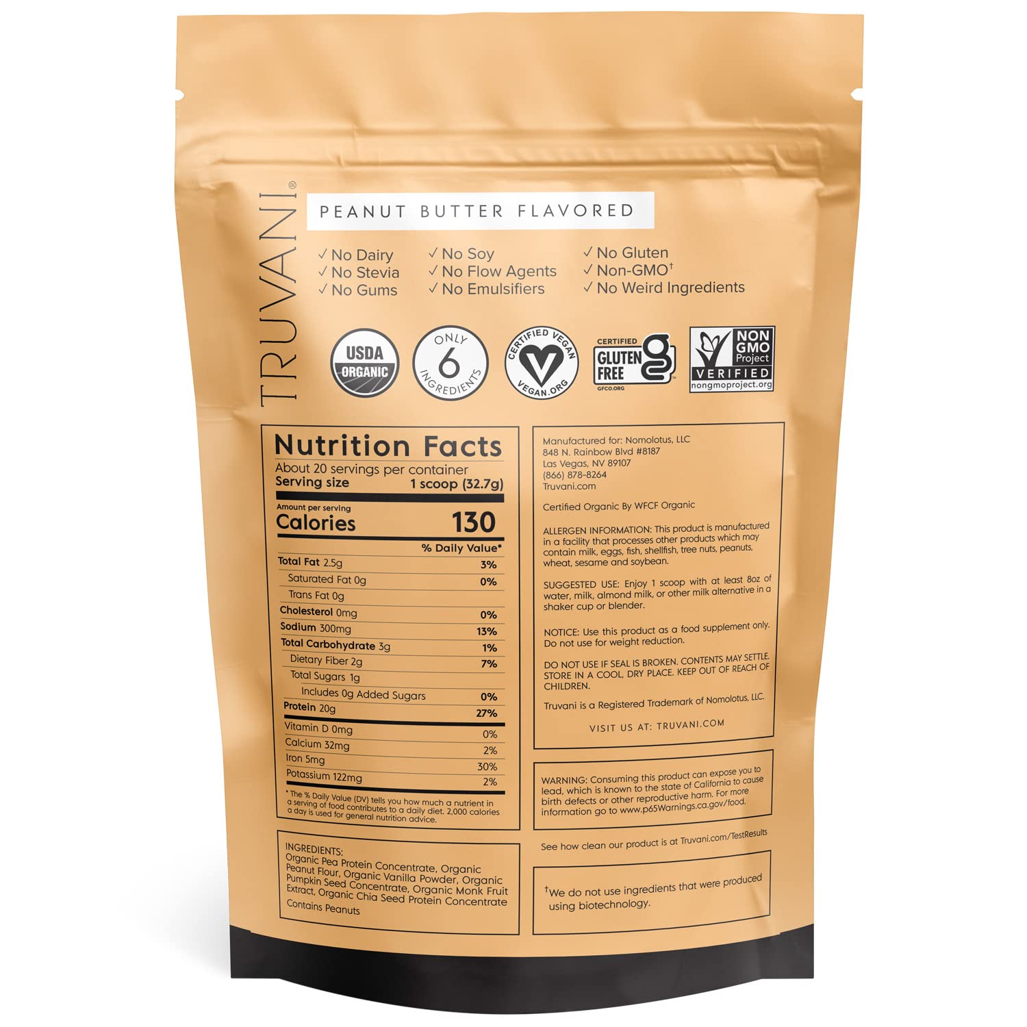 Truvani Organic Vegan Protein Powder Peanut Butter - 20g of Plant Based Protein, Powder Truvani uk supplements