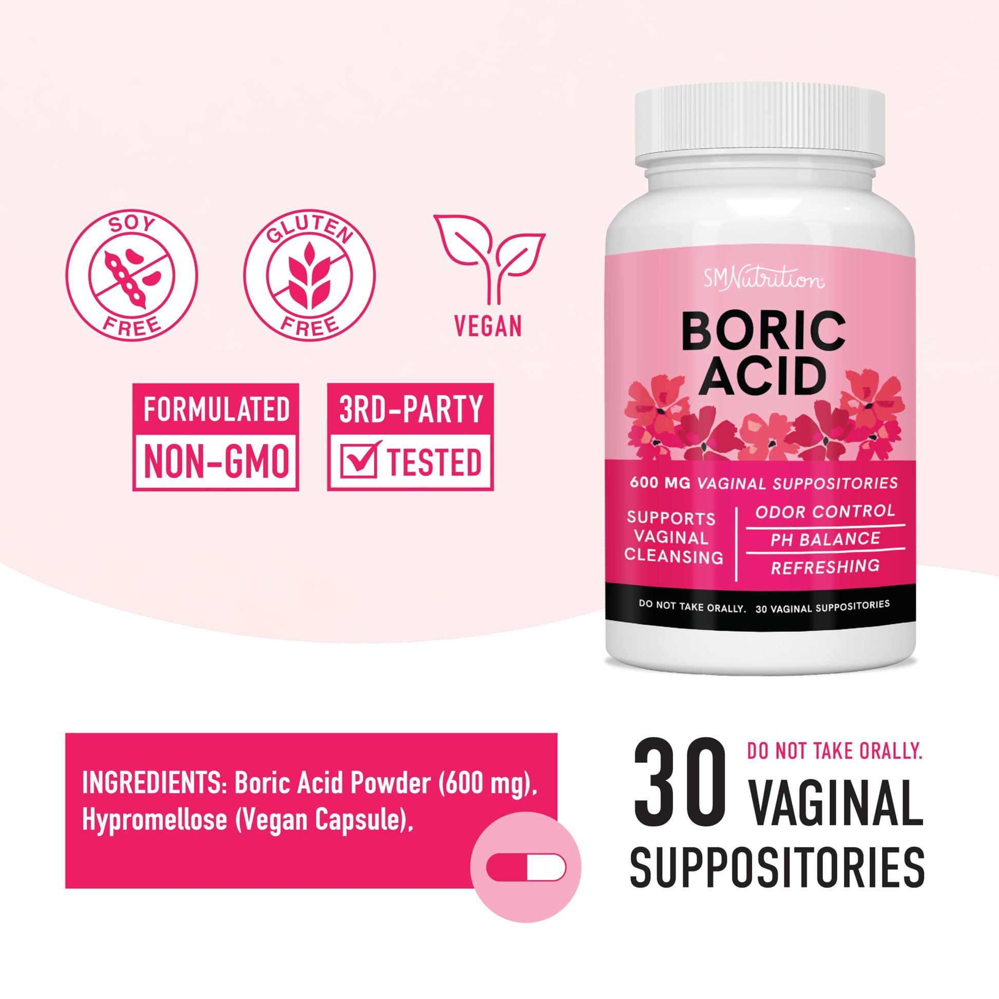 Boric Acid Suppositories for Women | 600mg | for pH Balance, Vaginal Odor & Itching | Feminine Hygiene SMNutrition uk supplements