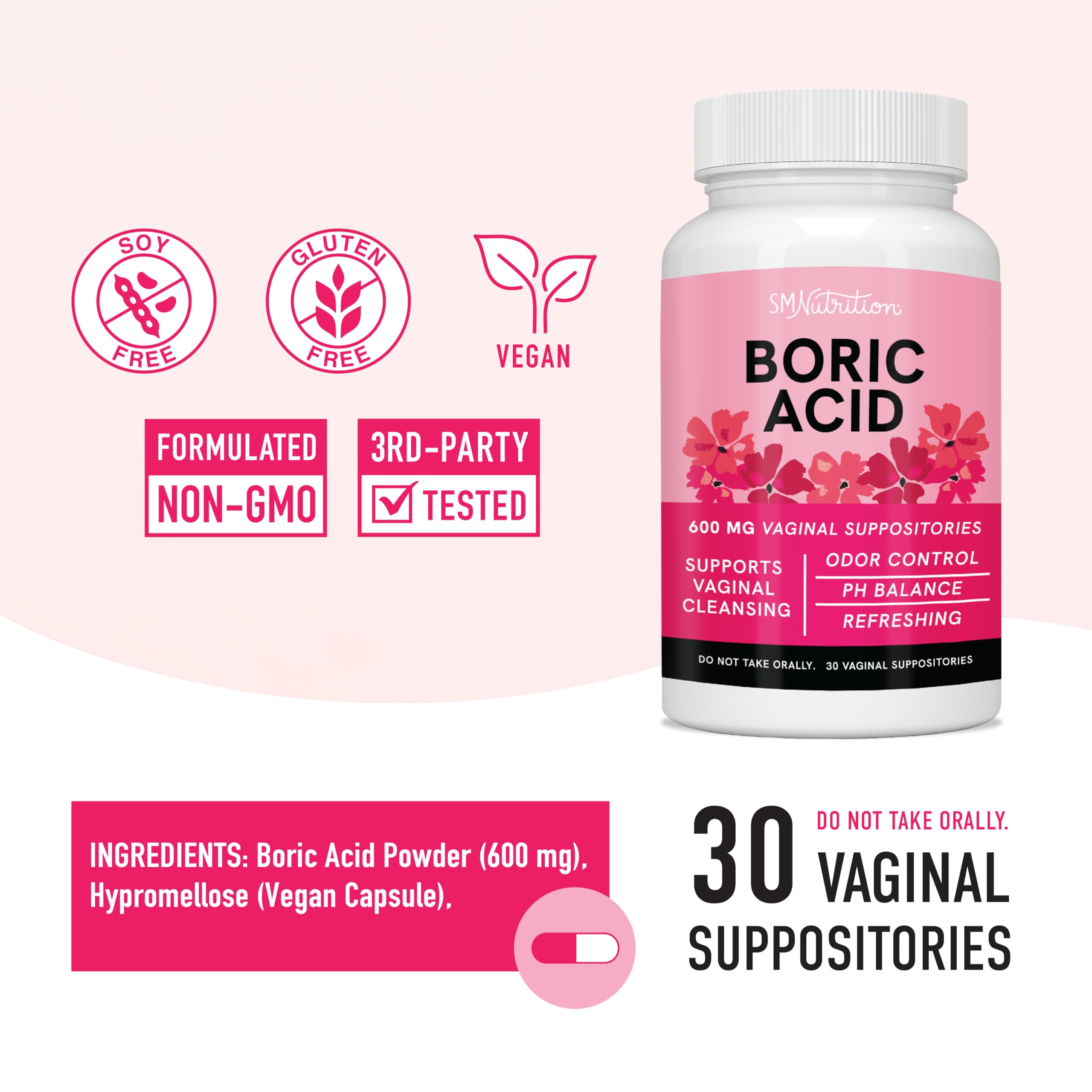 Boric Acid Suppositories for Women | 600mg | for pH Balance, Vaginal Odor & Itching | Feminine Hygiene SMNutrition uk supplements