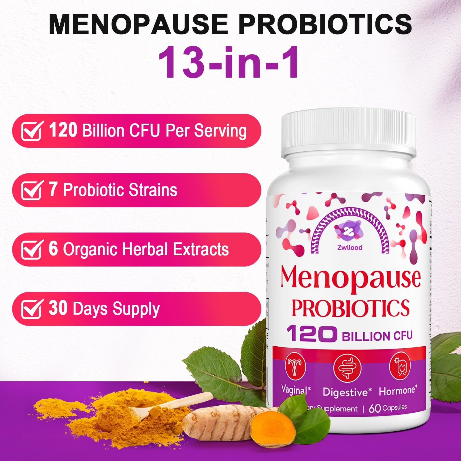 Menopause Supplements for Women, 120 Billion CFU Menopause Probiotics for Women, All-Natural Probiotic for Hot Flashes Menopause, Night Sweats, Mood Swings, Gut and Hormone - 60 Herbal Capsules Zwllood uk supplements