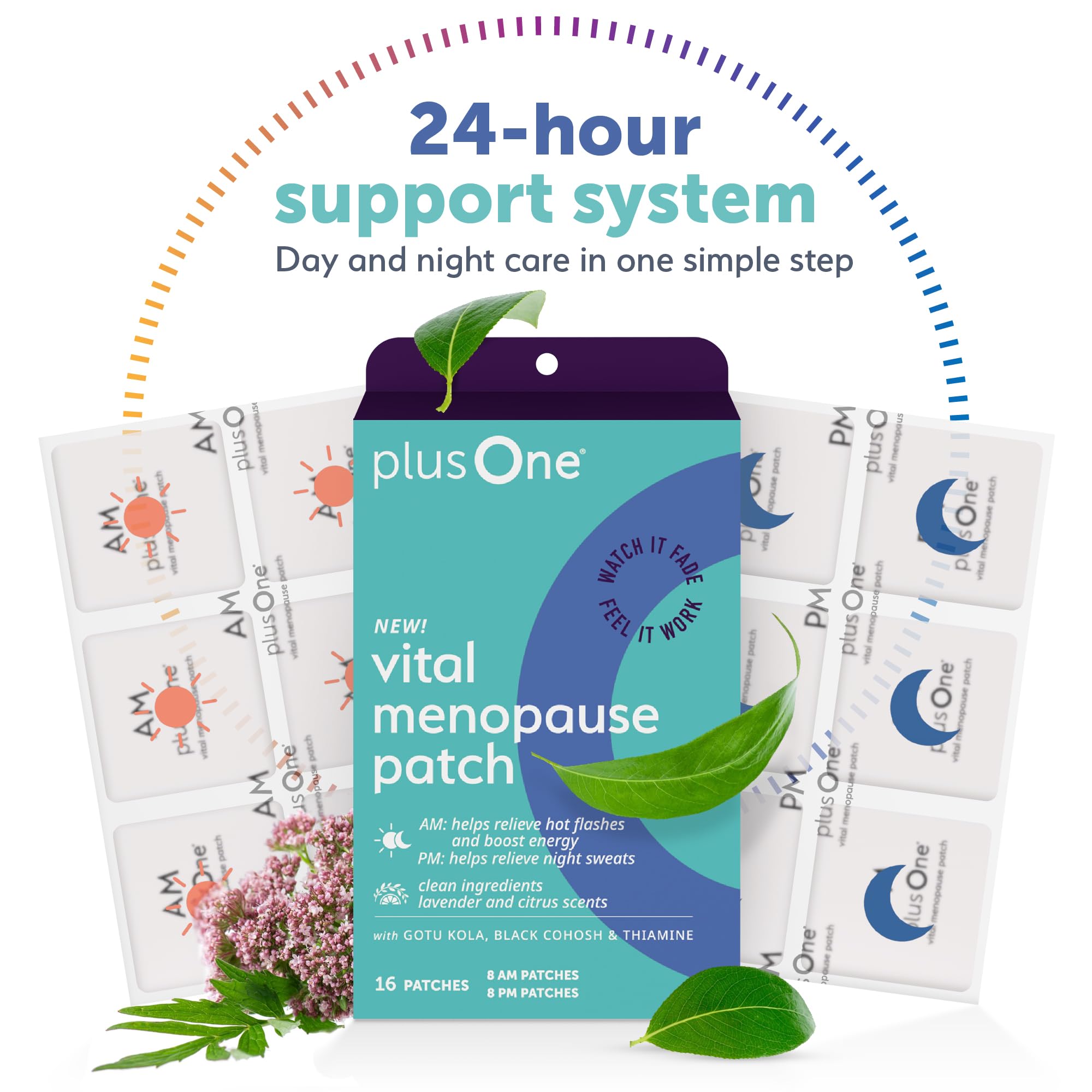 plusOne Vital Menopause Patches AM & PM – Hot Flash & Night Sweat Support – Promotes Energy & Sleep – Herbal Arjuna Daily Patches – 16ct plusOne uk supplements