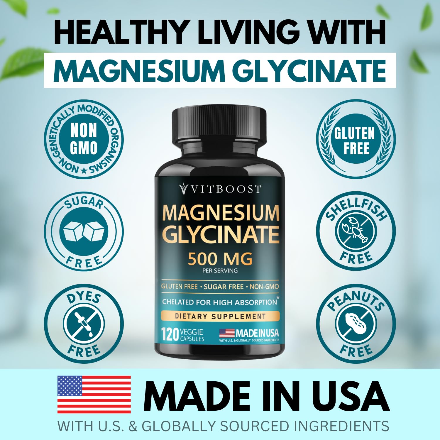 VITBOOST Magnesium Glycinate 500mg - High Absorption Chelated Supplement - Supports Sleep, Muscle Recovery & Heart Health - Non-GMO, Vegan - 120 Capsules - Made in USA VITBOOST uk supplements