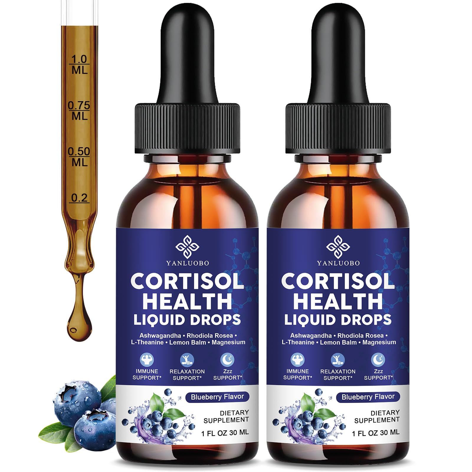 Cortisol Supplements for Women - Cortisol Manager Liquid Drops with Magnesium, Ashwagandha & Rhodiola rosea, L-theanine - Promotes Relaxation & Better Sleep, Mood, Blueberry Flavors, 1FL.OZ(2PC) YANLUOBO uk supplements