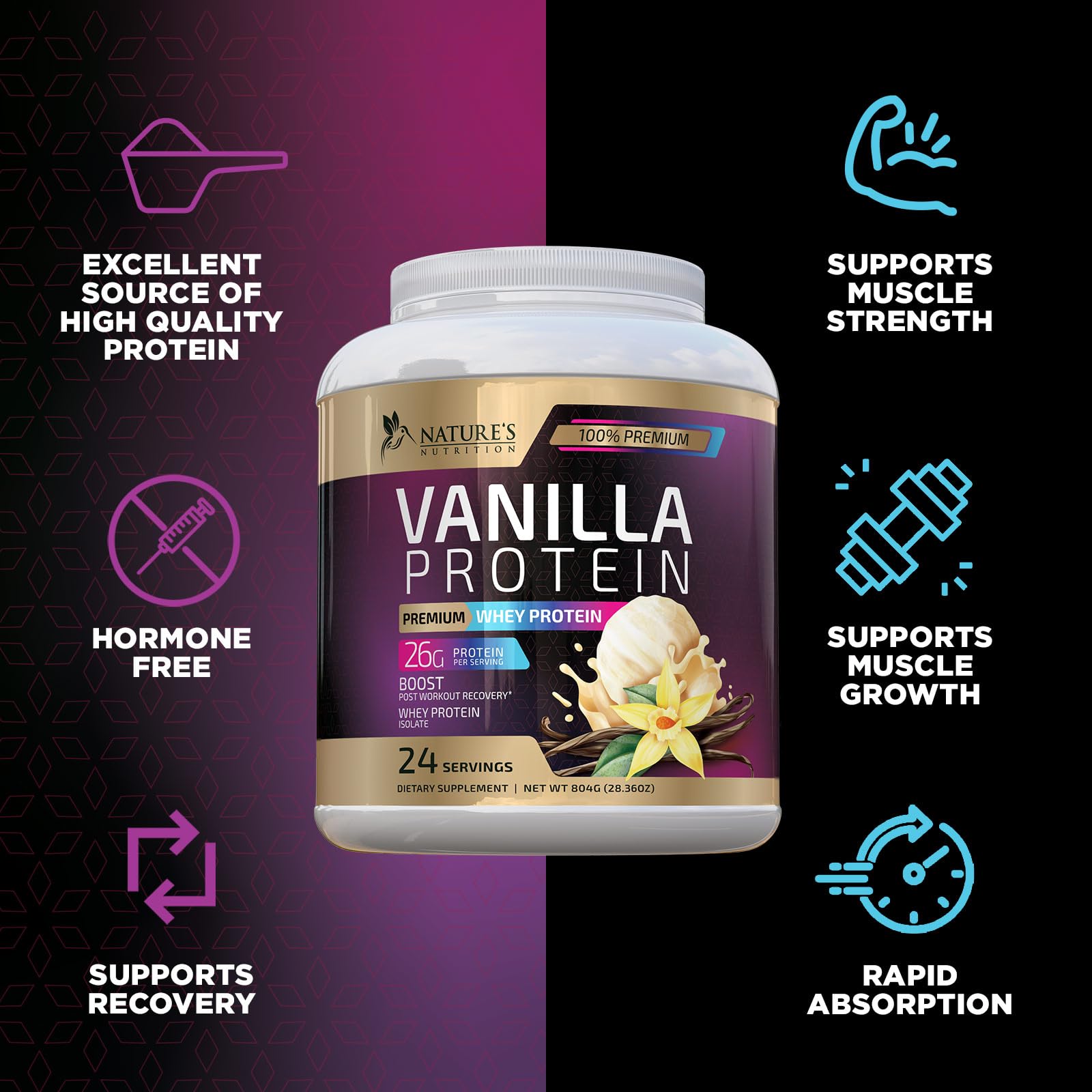 Whey Protein Powder 26g - Vanilla Ice Cream Whey Isolate Protein for Muscle Growth Nature's Nutrition uk supplements