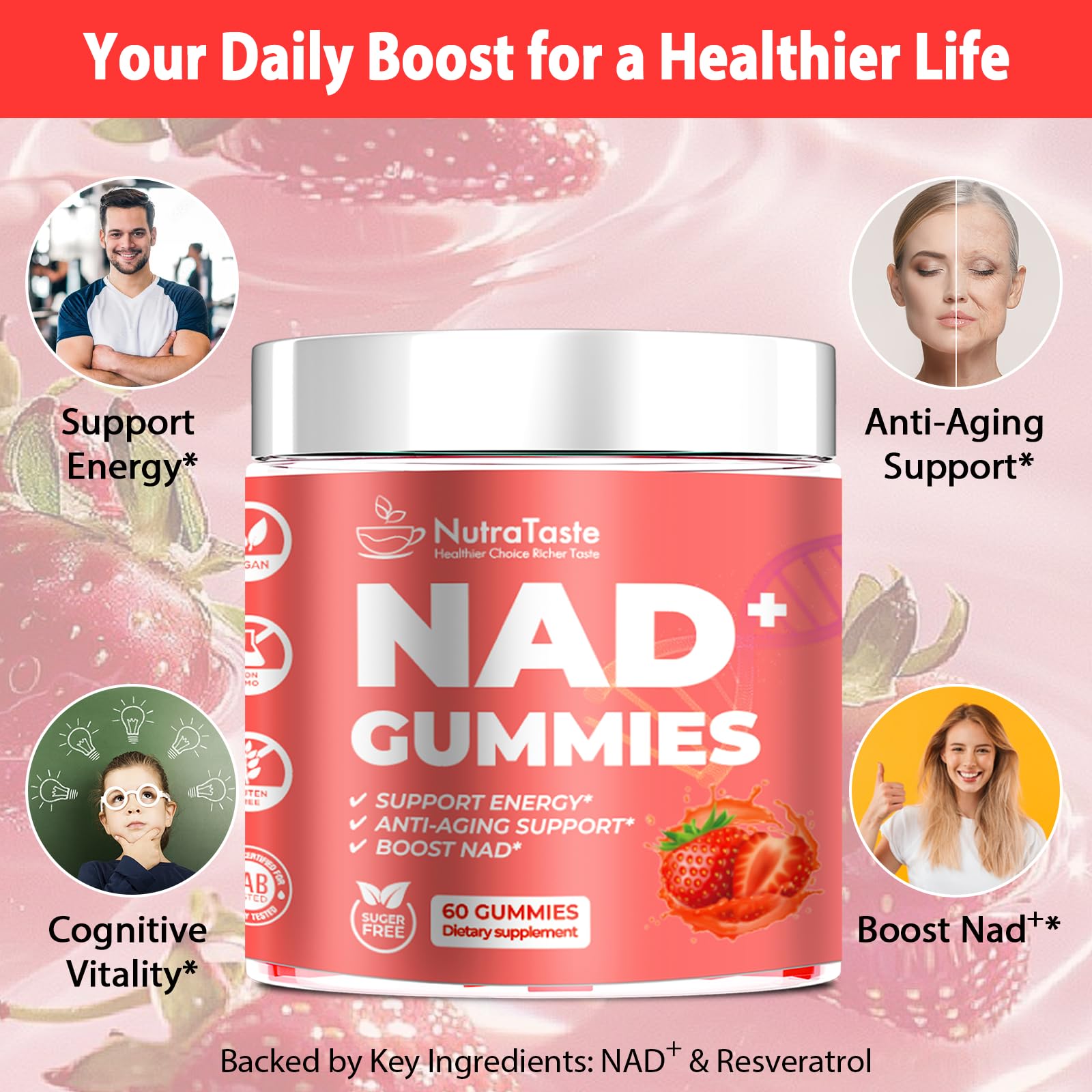 NUTRATASTE HEALTHIER CHOICE RICHER TASTE NAD⁺ Gummies Supplement for Anti-Aging, Energy & Focus Boost | Resveratrol, Nicotinamide Riboside | Strawberry Flavor, Vegan, Sugar-Free,60 Count (Pack of 1) NUTRATASTE HEALTHIER CHOICE RICHER TASTE uk supplements