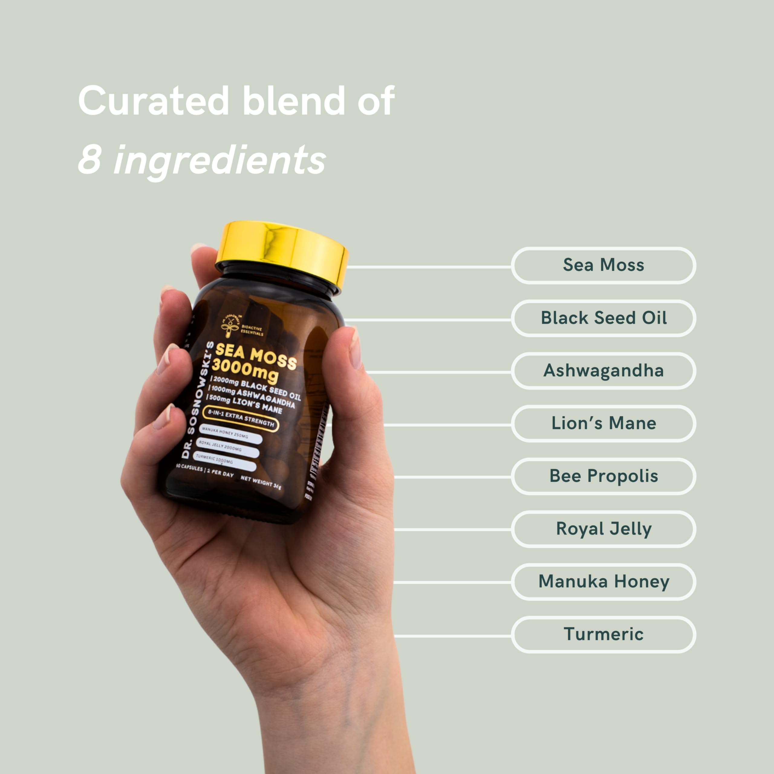 Dr Sosnowski's BioActive Sea Moss | 8-in-1 Formula Enriched with Black Seed, Ashwagandha, Turmeric, Manuka Honey, Lion's Mane, Royal Jelly, Bee Propolis Extract | 60 Capsules Dr Sosnowski's uk supplements