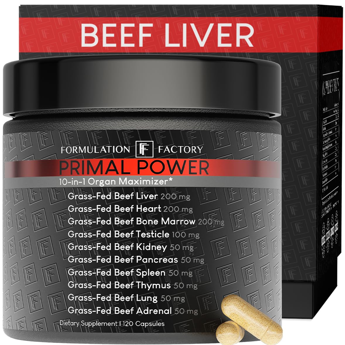 Formulation Factory Primal Power 10-in-1 Beef Organ Supplement - Grass Fed Beef Liver Capsules with Heart, Bone Marrow, Kidney, Testicle - Freeze Dried Organ - 120 Capsules, 2 Month Supply Formulation Factory uk supplements