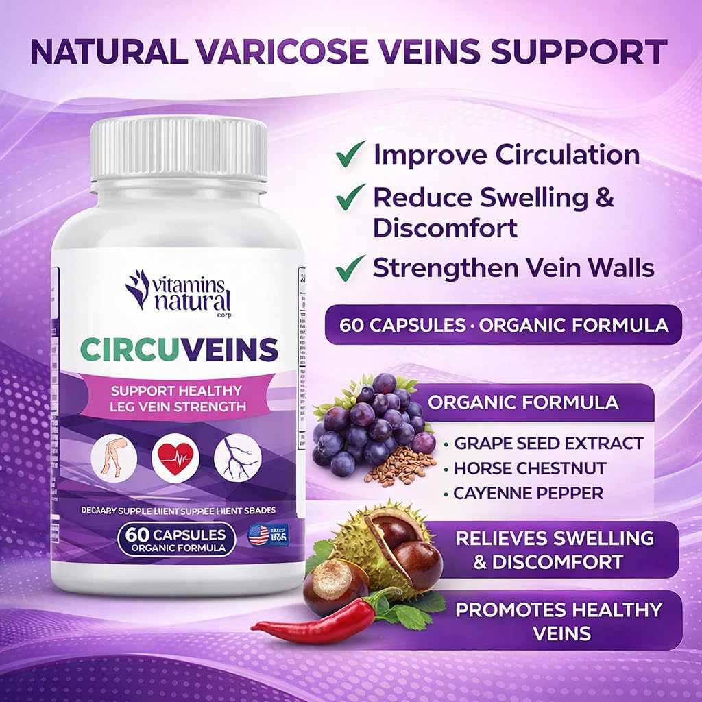 VITAMINS NATURAL CORP. CircuVeins Varicose Veins Support for Legs Capsules – Organic Vein Health Supplement with Horse Chestnut Grape Extract and Cayenne Pepper – 60 Capsules VITAMINS NATURAL CORP uk supplements