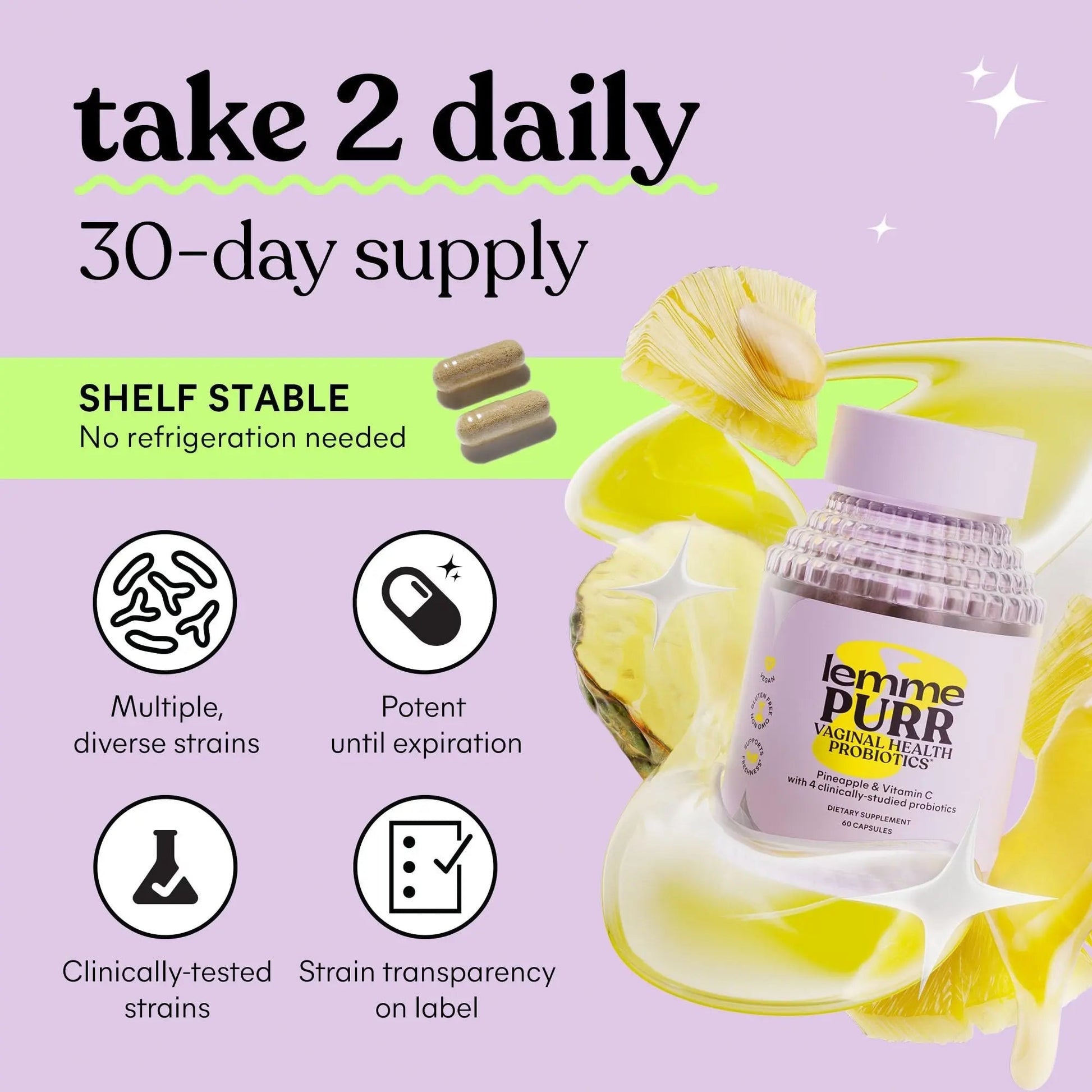 Lemme Purr Vaginal Probiotics for Women - Promotes pH Balance, Healthy Vaginal Odor & Urinary Tract Health w/Lactobacillus Blend, Clinically Tested Strains, Pineapple & Vitamin C - 60 Veggie Capsules Lemme uk supplements