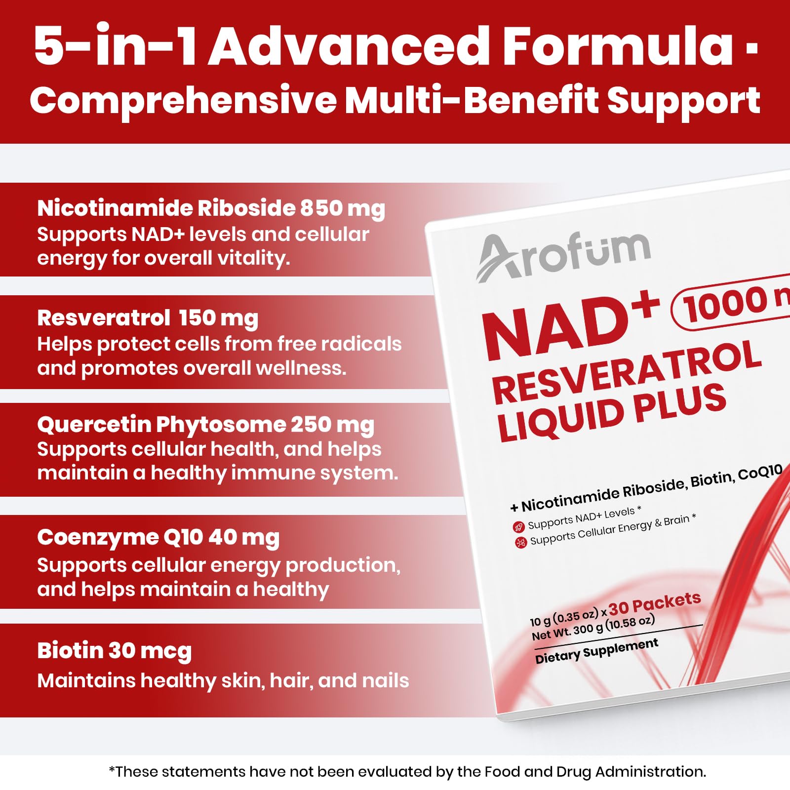 Arofum NAD+ Liquid Supplement 1000mg | 850mg Nicotinamide Riboside with Resveratrol, Quercetin, CoQ10 & Biotin | Cellular Energy, DNA Repair, Healthy Aging | NAD Supplements for Women & Men 30 Packets Arofum uk supplements