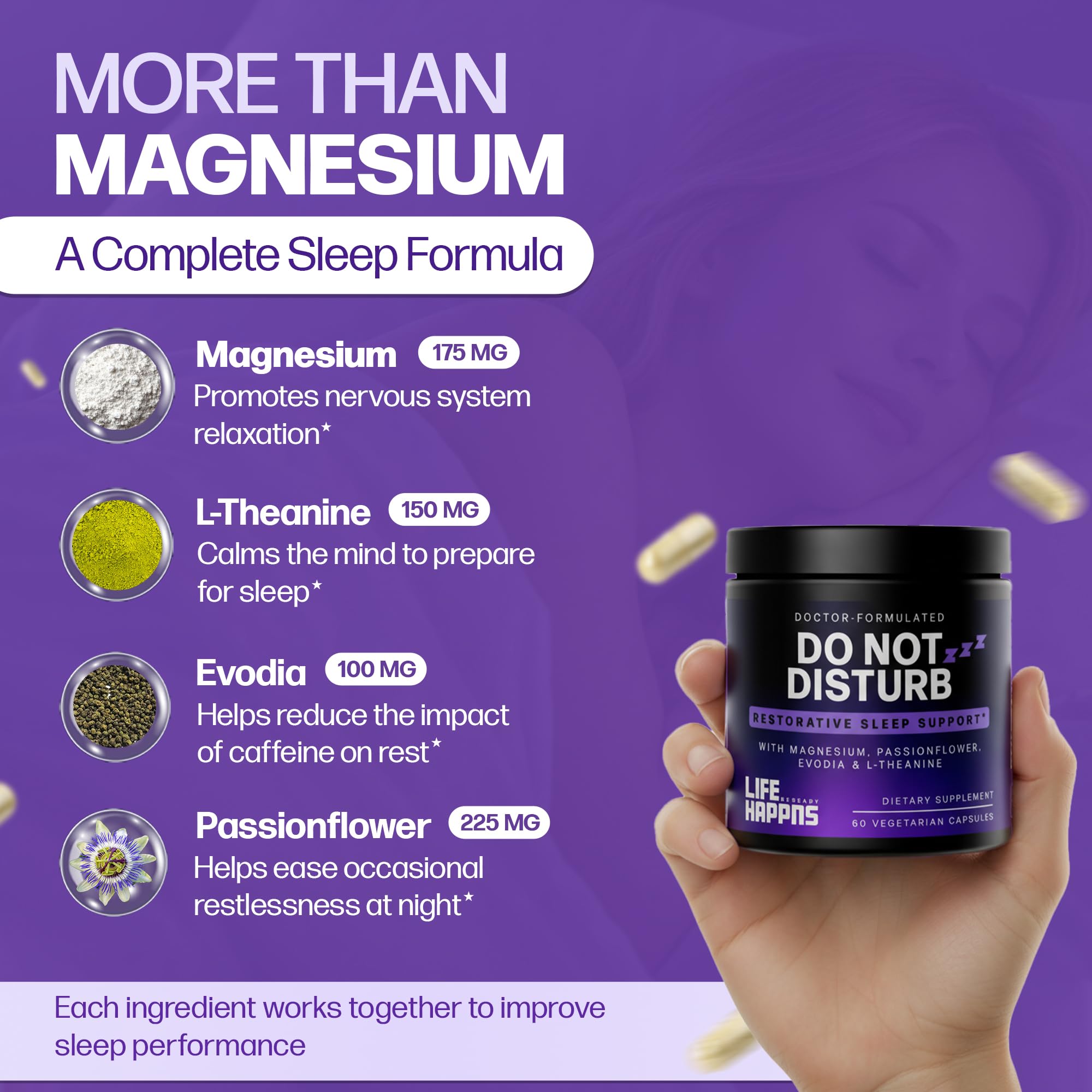 Doctor Formulated Triple Magnesium for Sleep, Calm & Relaxation with Chelated Magnesium Glycinate, L-Theanine, Passionflower & Evodia – Non-Habit, No Melatonin Magnesium Sleep Aid Support Supplement LIFE HAPPNS BE READY uk supplements