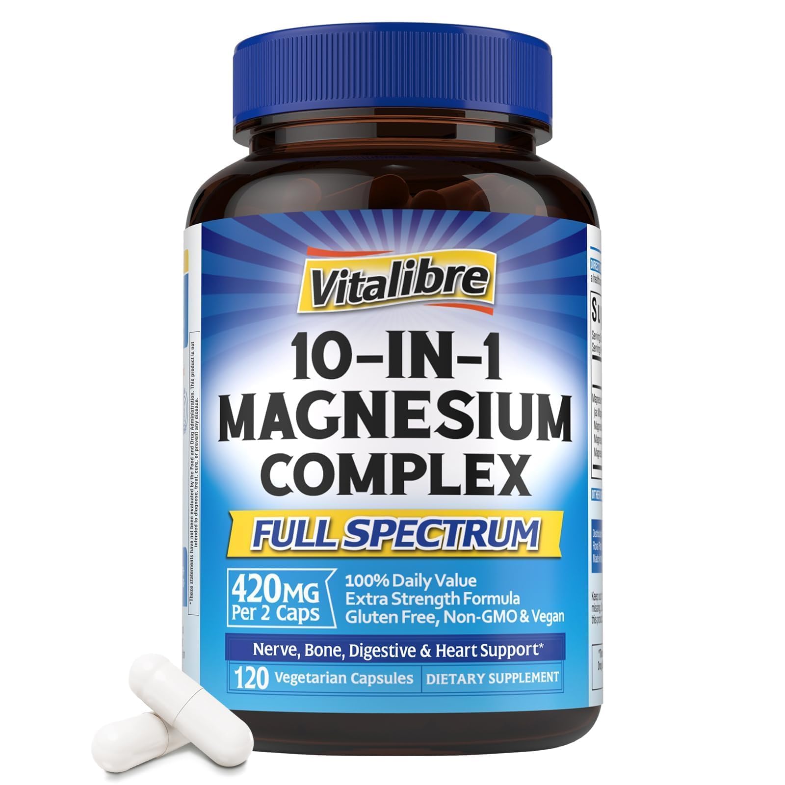 Vitalibre 10 in 1 Magnesium Complex, 420mg Elemental Magnesium | Ultra Strength, Max Absorption | Chelated Magnesium Supplement for Nerves, Bone & Heart Health | Non-GMO, 120 Vegan Capsules Vitalibre uk supplements