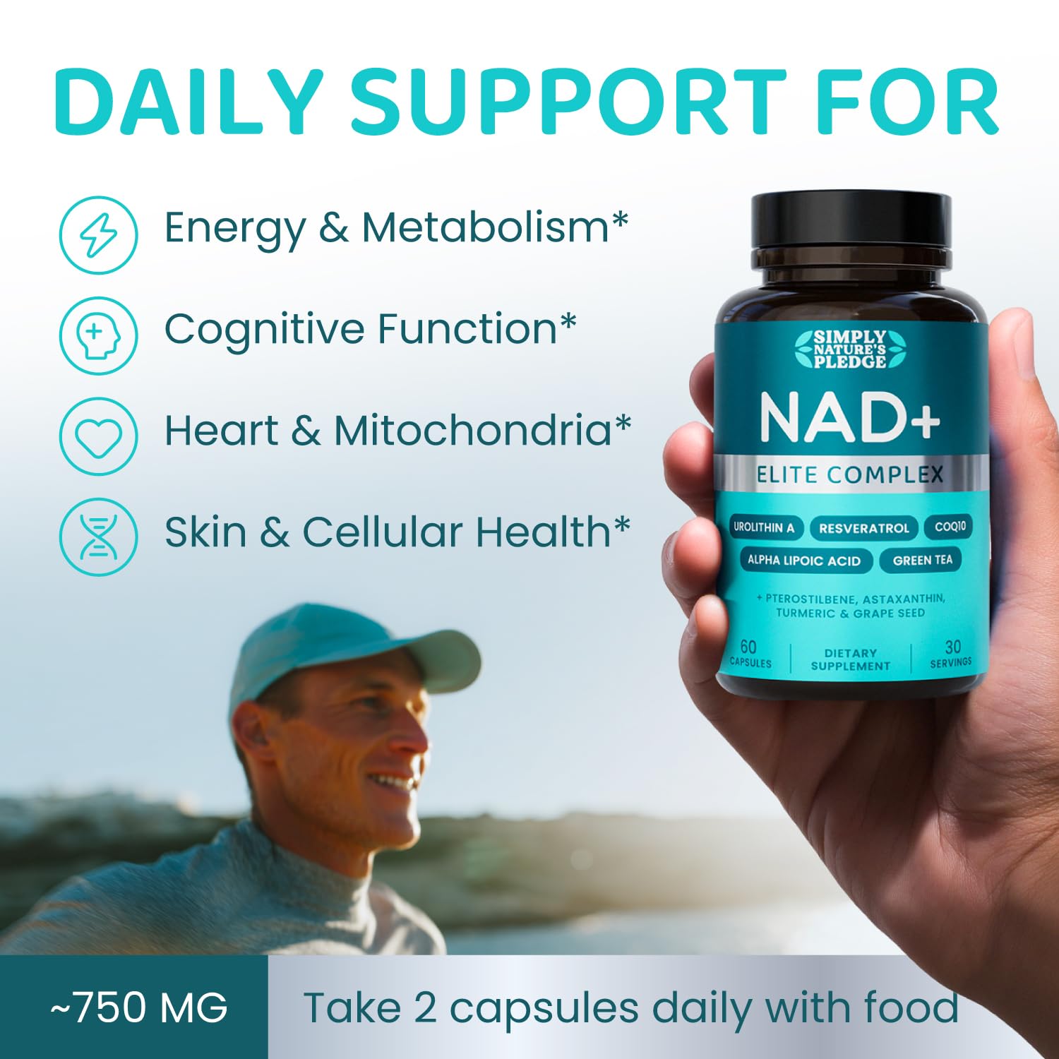 NAD+ Elite Complex – Direct NAD+ 300 mg with Urolithin A, Resveratrol, CoQ10 & Antioxidant Blend – Cellular Energy, Mitochondrial Support & Healthy Aging – Vegan, Non-GMO, 60 Capsules (30 Servings) Simply Nature's Pledge uk supplements