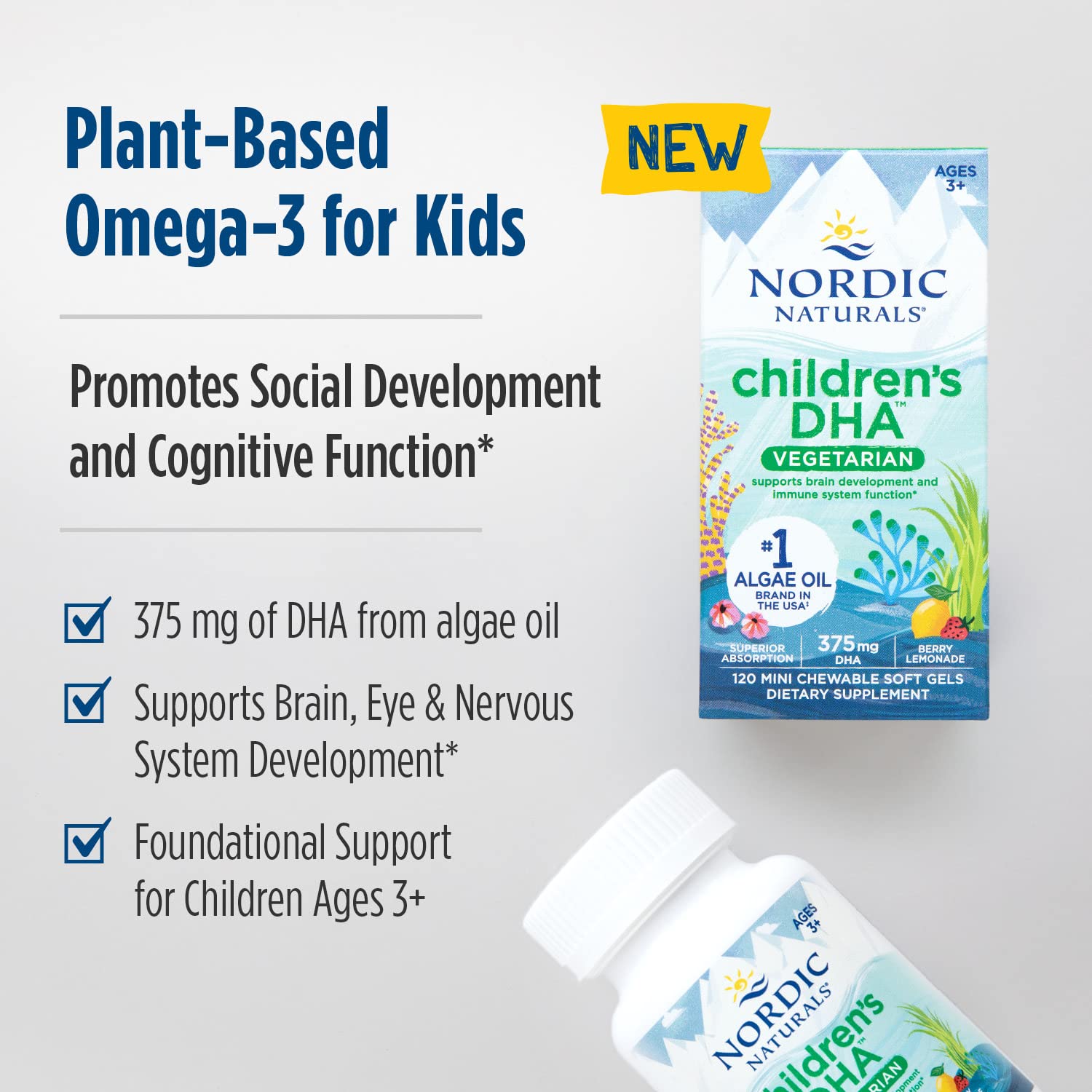 Nordic Naturals Children's DHA Vegetarian - Kids DHA Omega-3 Supplement -Algae Oil - Berry Lemonade Mini Chewables - Plant-Based Formula for Ages 3+ - 120 Soft Gels - 40 Servings Nordic Naturals uk supplements