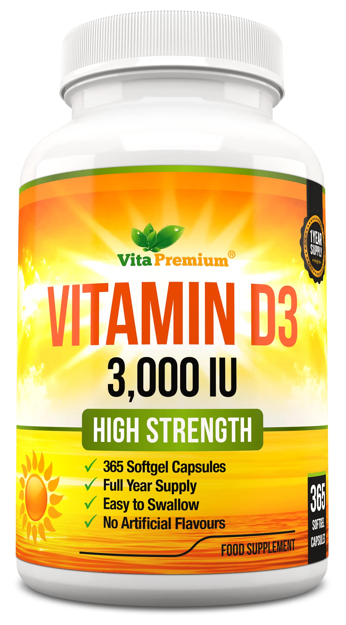 Vitamin D 3,000 IU, High Strength Vitamin D3 Supplement, 365 Easy to Swallow Softgels Vita Premium uk supplements