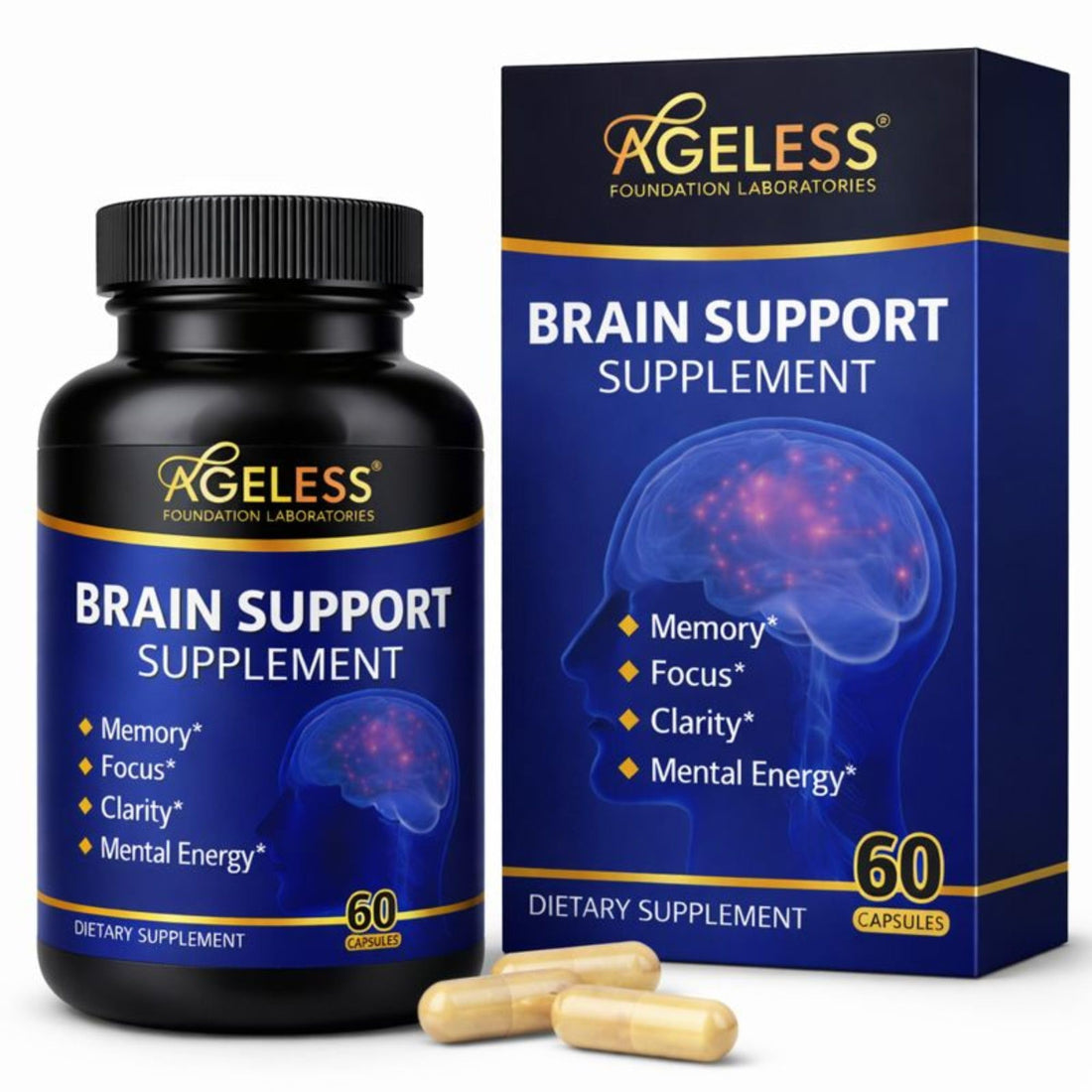 Ageless Brain Supplements for Memory and Focus 1000 MG | Cognitive Improvement | Formulated with Clinically Studied Ingredients | Support Mental Clarity & Neuro Health | Vitamin B6, B12, 60 Capsules Ageless Foundation Laboratories uk supplements