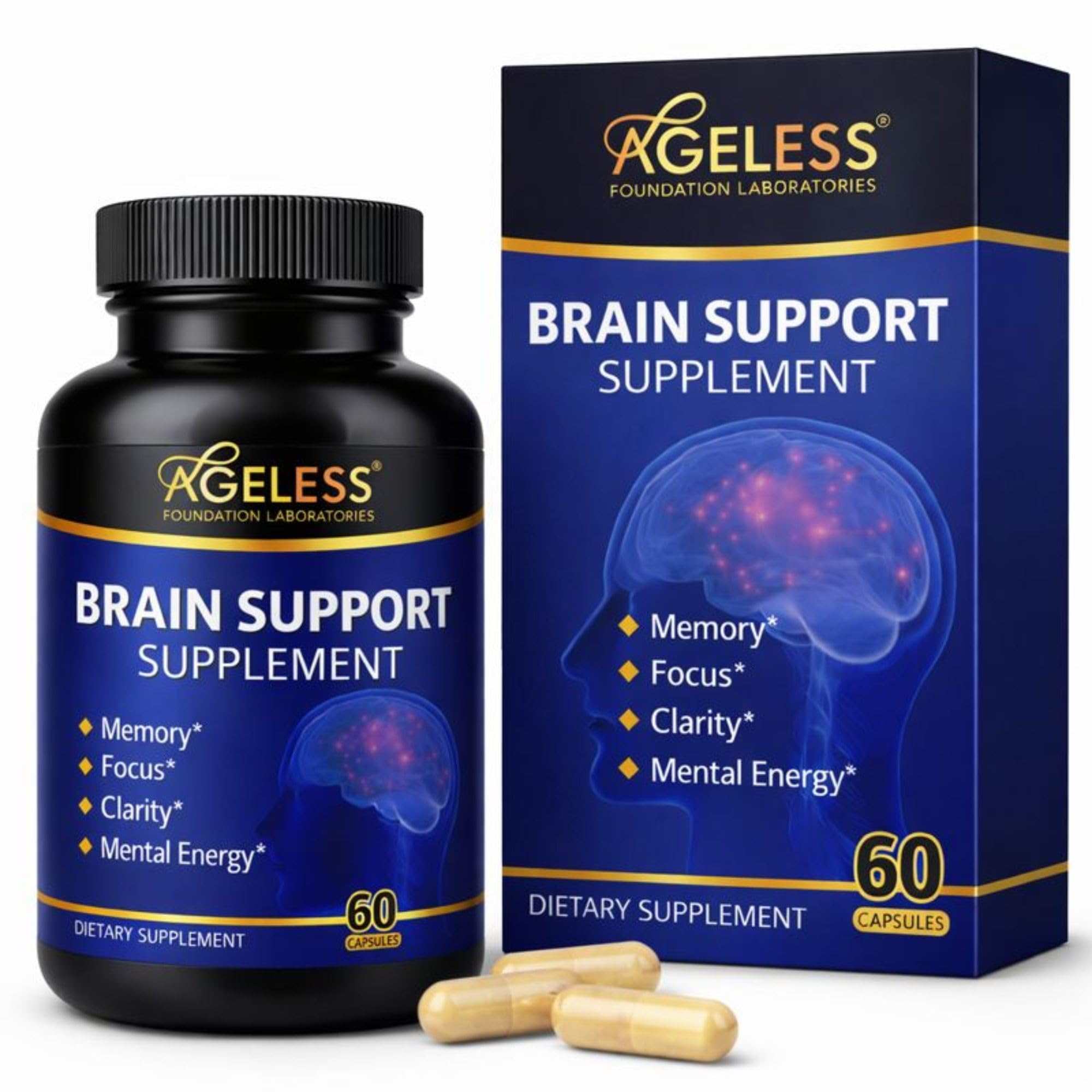 Ageless Brain Supplements for Memory and Focus 1000 MG | Cognitive Improvement | Formulated with Clinically Studied Ingredients | Support Mental Clarity & Neuro Health | Vitamin B6, B12, 60 Capsules Ageless Foundation Laboratories uk supplements