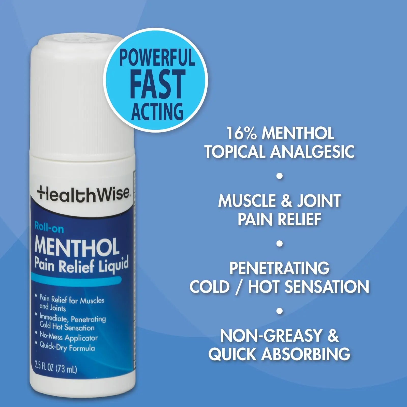 HealthWise 16% Menthol Roll-On | Cold Hot Sensation | Pain Relief Liquid | 2.5 oz. 73 mL | Non-Greasy Formula | Immediate Penetrating Action | Topical Analgesic HealthWise uk supplements