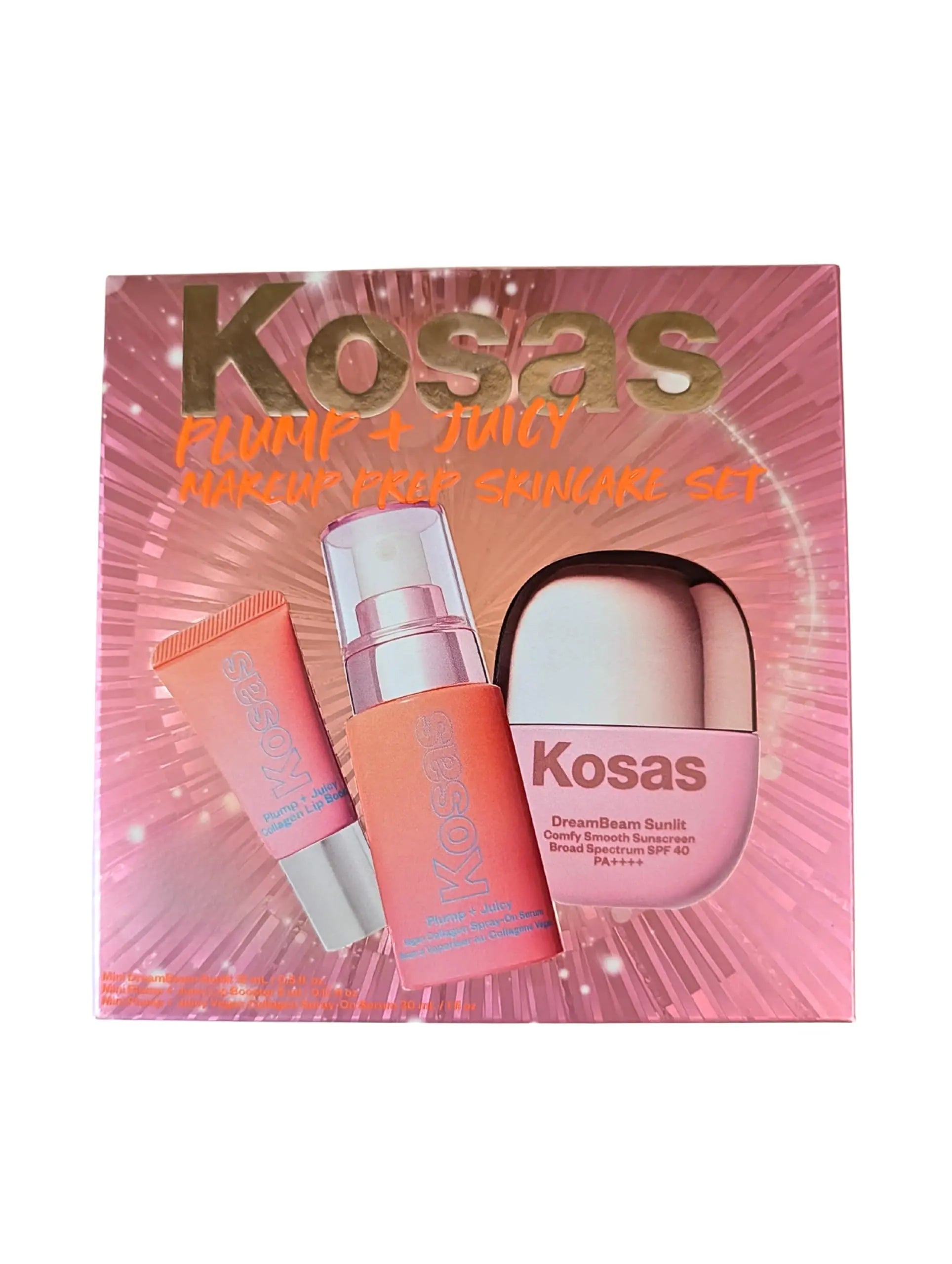 Kosas Plump + Juicy Makeup Prep Skincare Set – 3-Piece Mini Set with Collagen Spray-On Serum (1 oz), DreamBeam Sunlit SPF 40 PA++++ Sunscreen (0.5 oz), and Lip Booster (0.17 oz) Kosas uk supplements