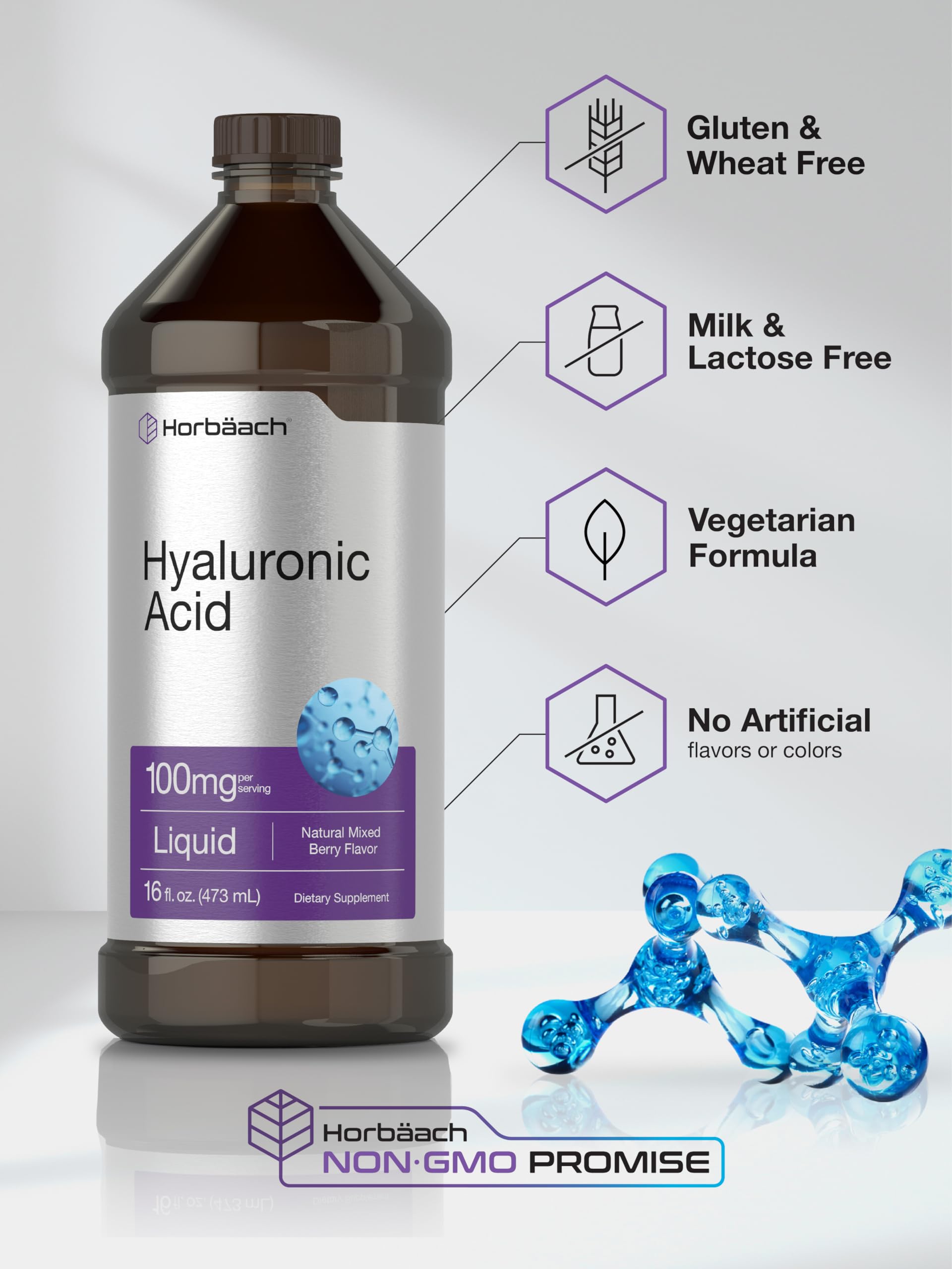 Liquid Hyaluronic Acid Supplement | 100 mg | 16 oz | Mixed Berry Flavor | Non-GMO Horbäach uk supplements