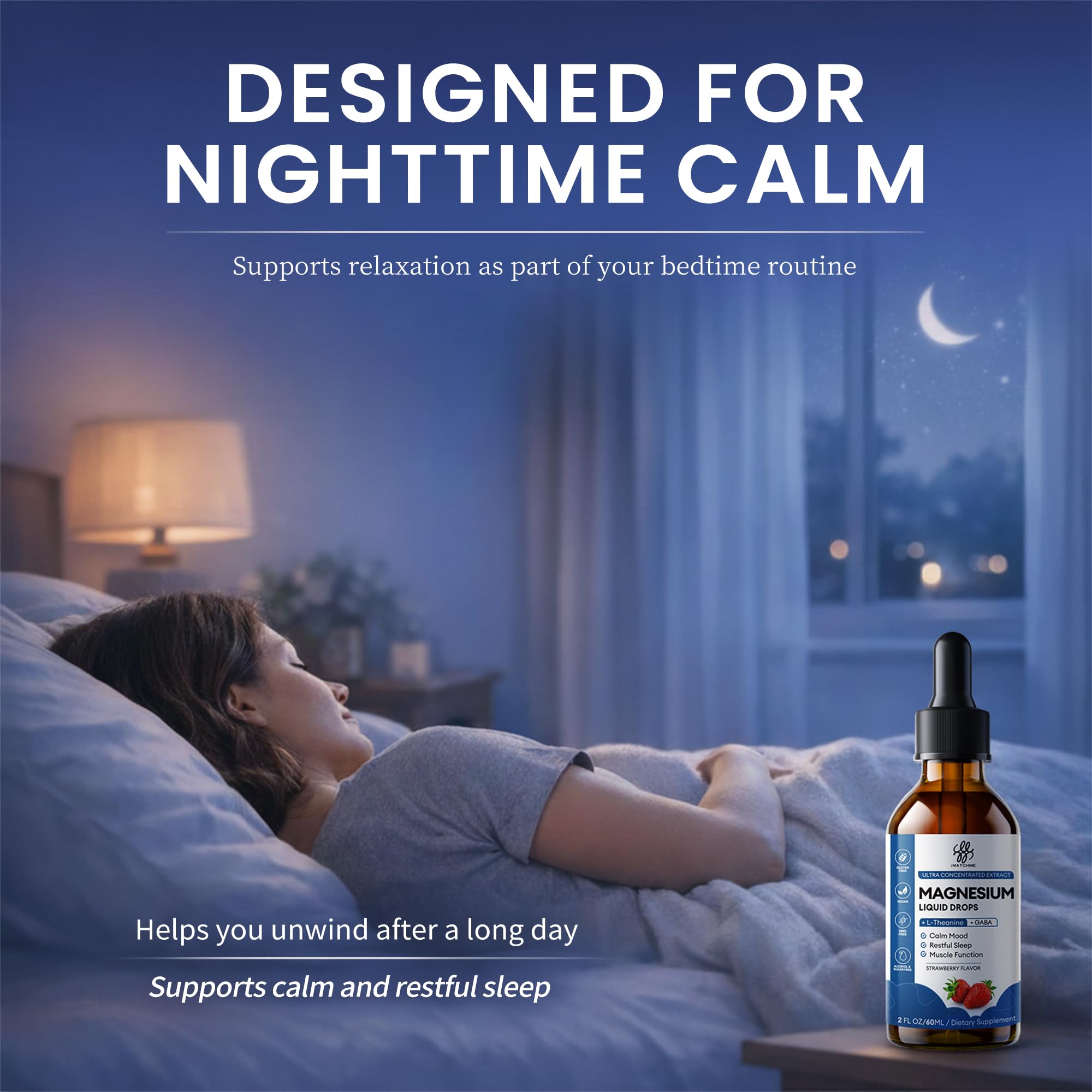Liquid Magnesium Glycinate Drops for Nighttime Sleep & Calm Support, Triple Chelated Magnesium Complex with L-Theanine & GABA, Pre-Dissolved Liquid for Gentle Absorption, Strawberry Flavor, 2 Fl Oz iMATCHME uk supplements