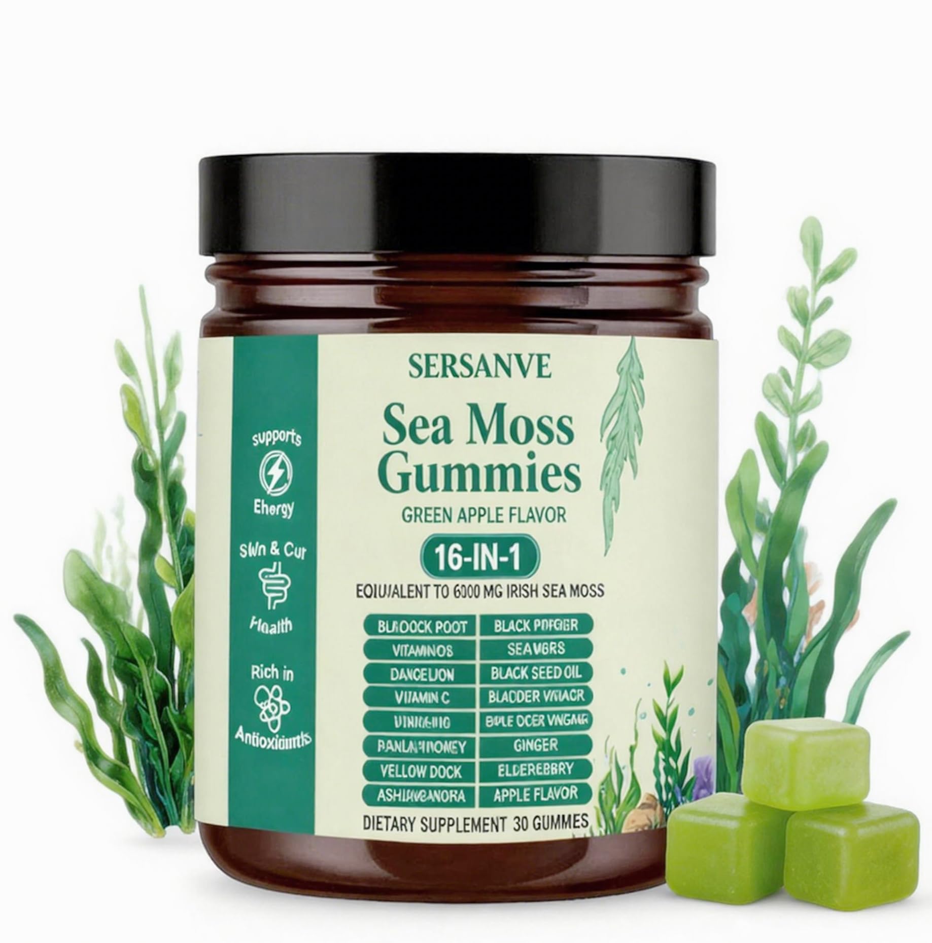 Sea Moss Gummies 16-in-1, with Black Seed Oil, Ashwagandha & Elderberry | Organic Irish Sea Moss Supplement for Men & Women | Daily Support with Manuka, Burdock Root & Vitamins C & D3, 30 Gummies SERSANVE uk supplements