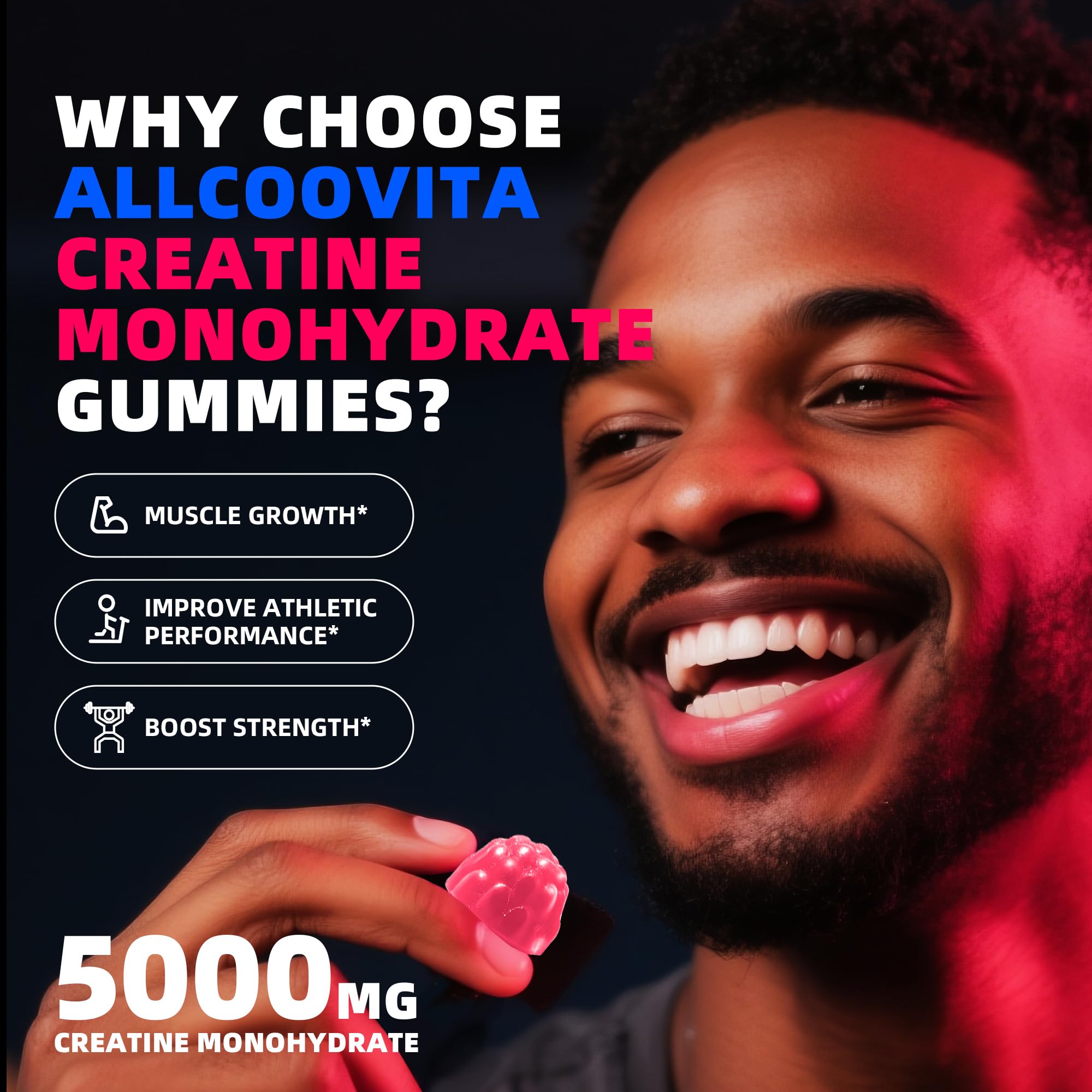 NSF Certified Creatine Gummy 5g - Creatine Monohydrate Gummies for Men & Women. Boost Focus,Strength, and Endurance, Anti-Melting Formula, Vegan, Gluten-Free, Non-GMO,(Raspberry & Blueberry 135 ct) Allcoovita uk supplements
