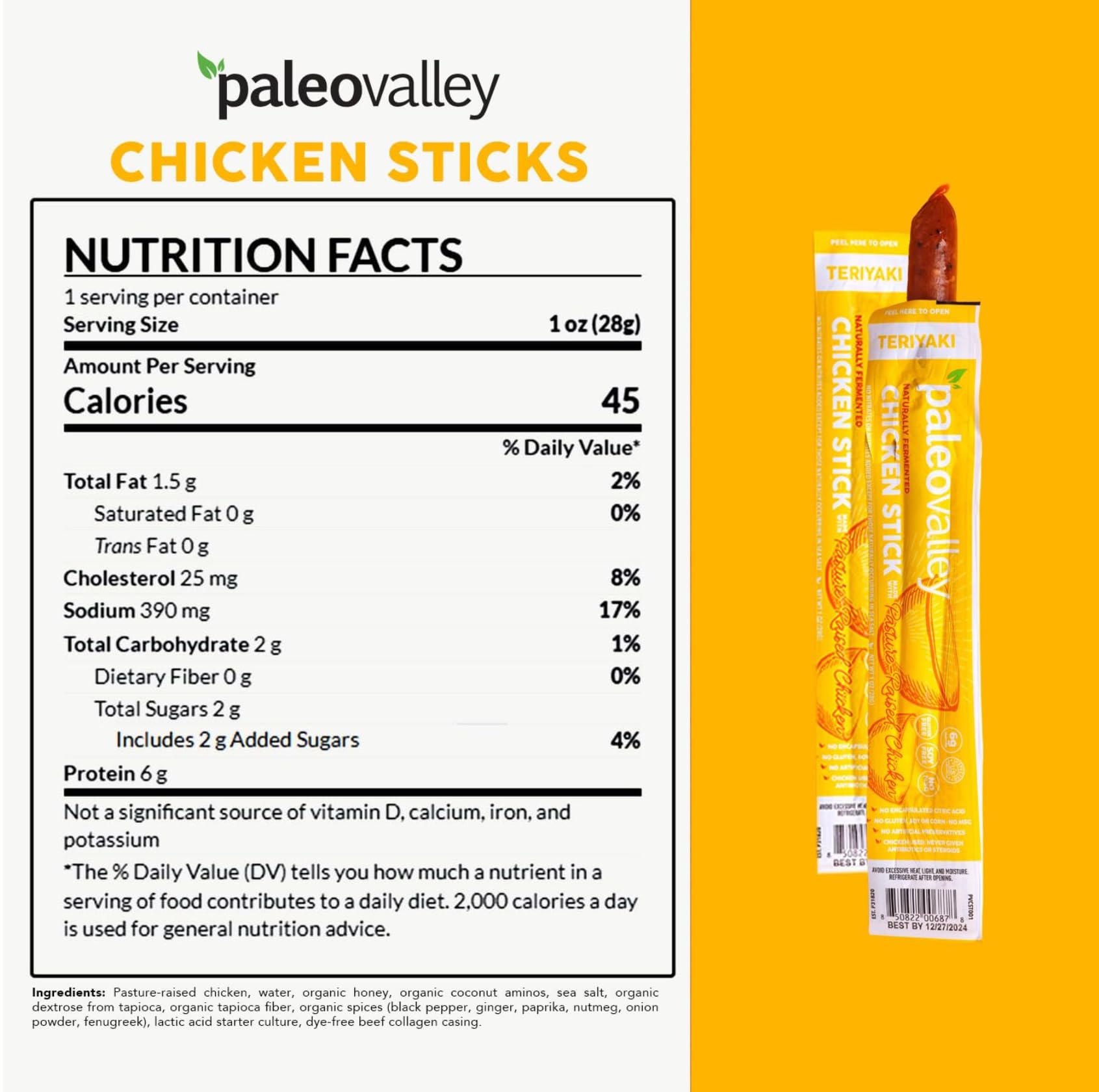 Paleovalley Pasture-Raised Chicken Sticks – 10 Pack – 7g Protein per Stick – Keto-Friendly, Paleo, Gluten-Free, Nitrate-Free – On-the-Go Snack (10 Pack, Teriyaki) Paleovalley uk supplements