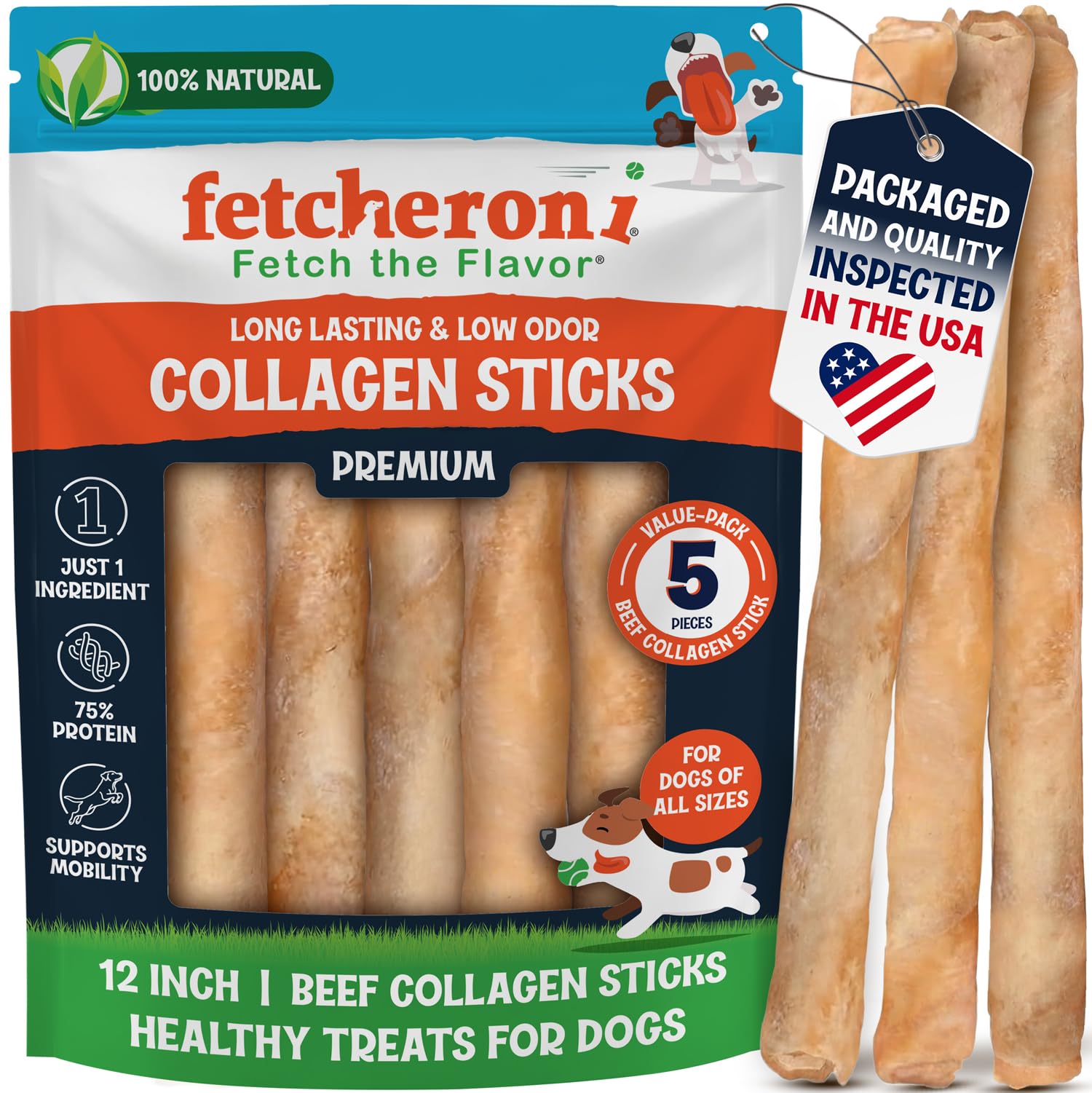 FETCHERONI 12" Collagen Sticks for Dogs – Low Odor Long-Lasting Bully Stick & Rawhide Alternative, Single Ingredient Beef Bone, High Protein Dental Treat, Vet Approved, Improves Joint Health – 5 Pack FETCHERONI uk supplements