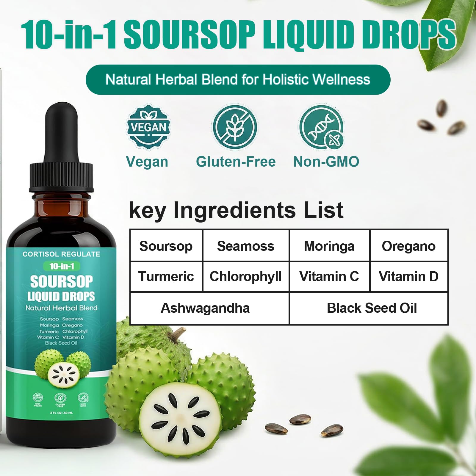 CORTISOL REGULATE Soursop Liquid Drops, 10-in-1 Blend with Sea Moss, Moringa, Turmeric, Black Seed Oil, Oregano, and More, 2 fl oz (1 Pack) CORTISOL REGULATE uk supplements