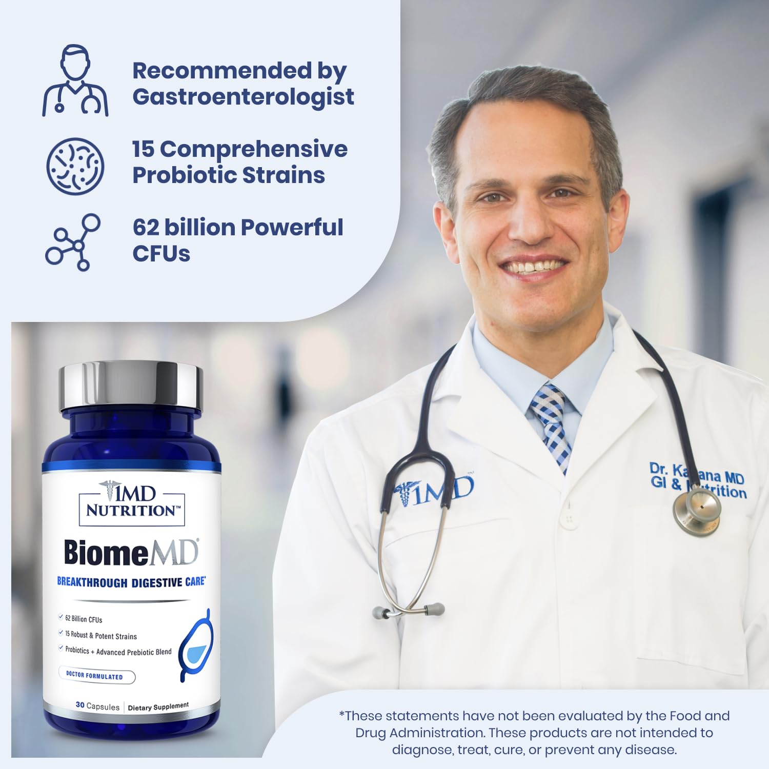 1MD Nutrition BiomeMD Probiotics | 62 Billion CFUs, 15 Comprehensive Strains - Pro & Prebiotics | Doctor-Formulated for Digestive Health & Immune Support | 30 Capsules 1MD Nutrition uk supplements