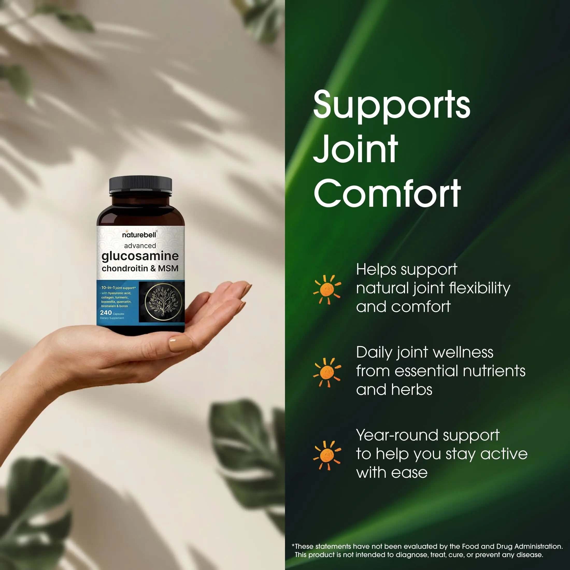 NatureBell Advanced Glucosamine Chondroitin & MSM - 240 Capsules - 10-in-1 Joint Support Complex* - Includes Hyaluronic Acid, Turmeric, Glucosamine, Collagen & More NatureBell uk supplements