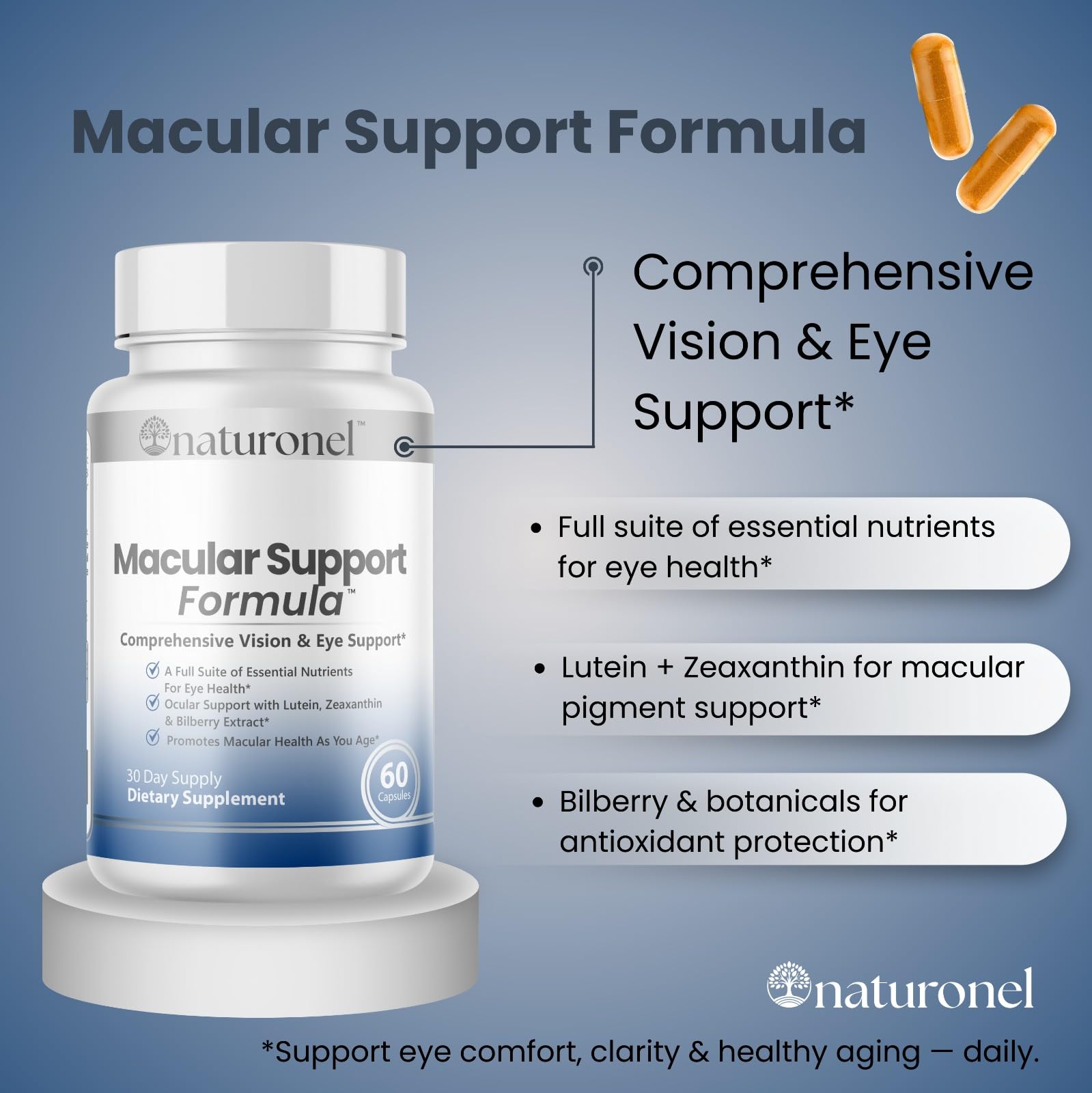 Naturonel Macular Support Formula – Vision & Eye Health with Lutein, Zeaxanthin, Bilberry, Eyebright & Antioxidants | Non-GMO, Made in USA, GMP Certified – 60 Capsules, 30 Day Supply (1) Naturonel uk supplements