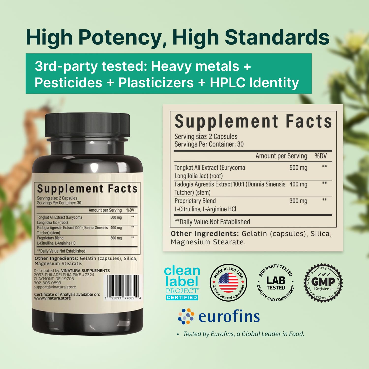 Tongkat Ali Fadogia Agrestis - 1200mg, Enhanced with Nitric Oxide Booster Supplement, Longjack Tongkat Ali for Men, VINATURA uk supplements