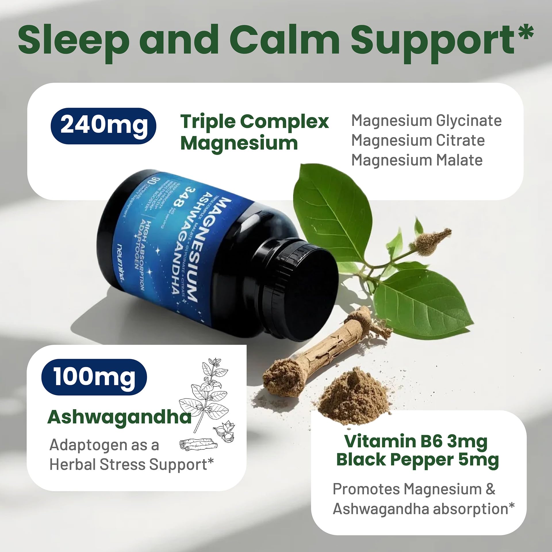Magnesium Ashwagandha Complex | High-Absorption Multi Magnesium Supports Stress Relief, Sleep, Muscle & Heart Health | Vegan, Non-GMO, Gluten-Free, Made in USA, 90 Capsules((45-Day Supply) NEUMINA uk supplements